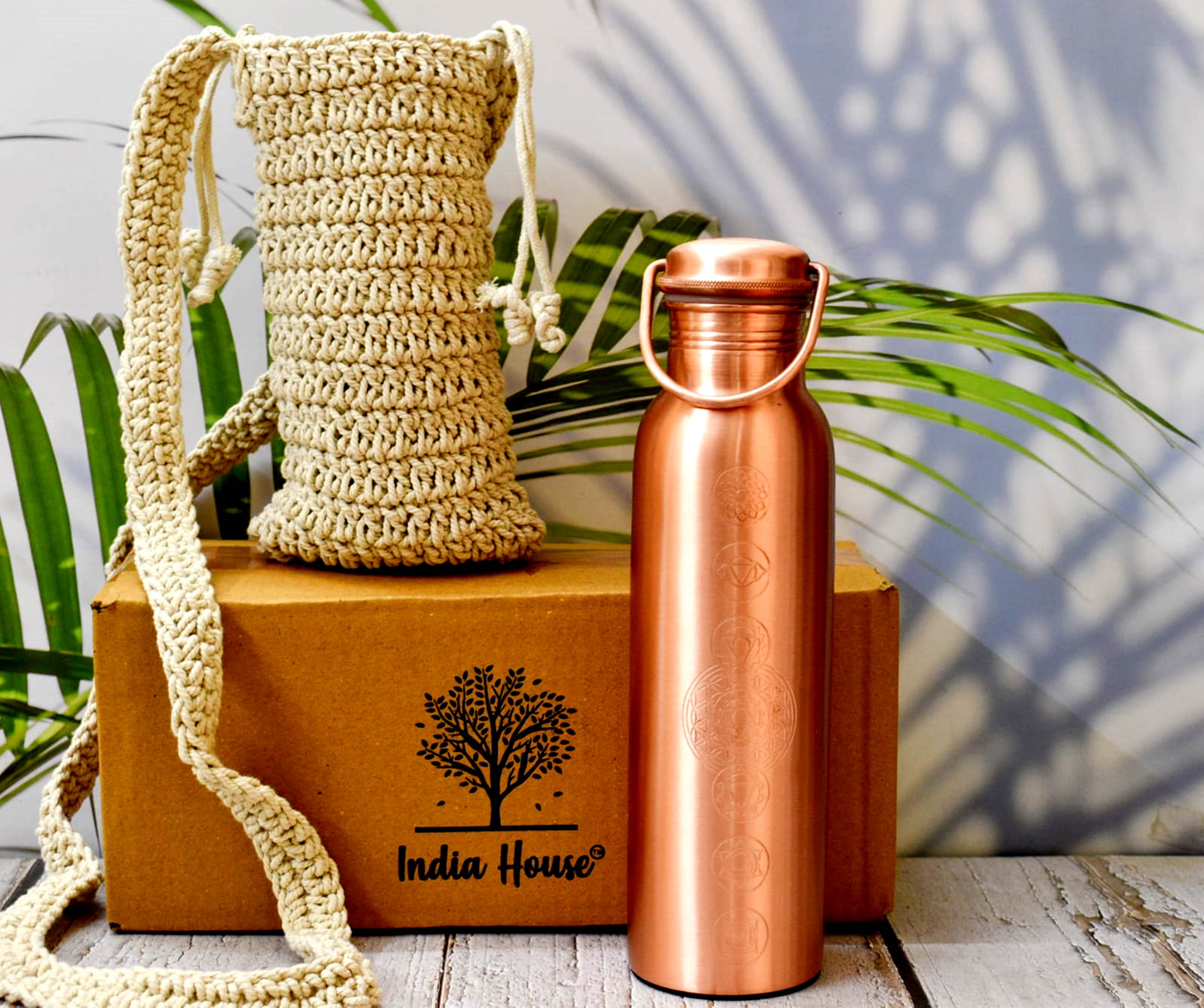 India House-Pure Copper Water Bottle | Seamless Leak Proof 7 Chakra Copper Bottle | Perfect Ayurvedic Copper Bottle (1000ml)