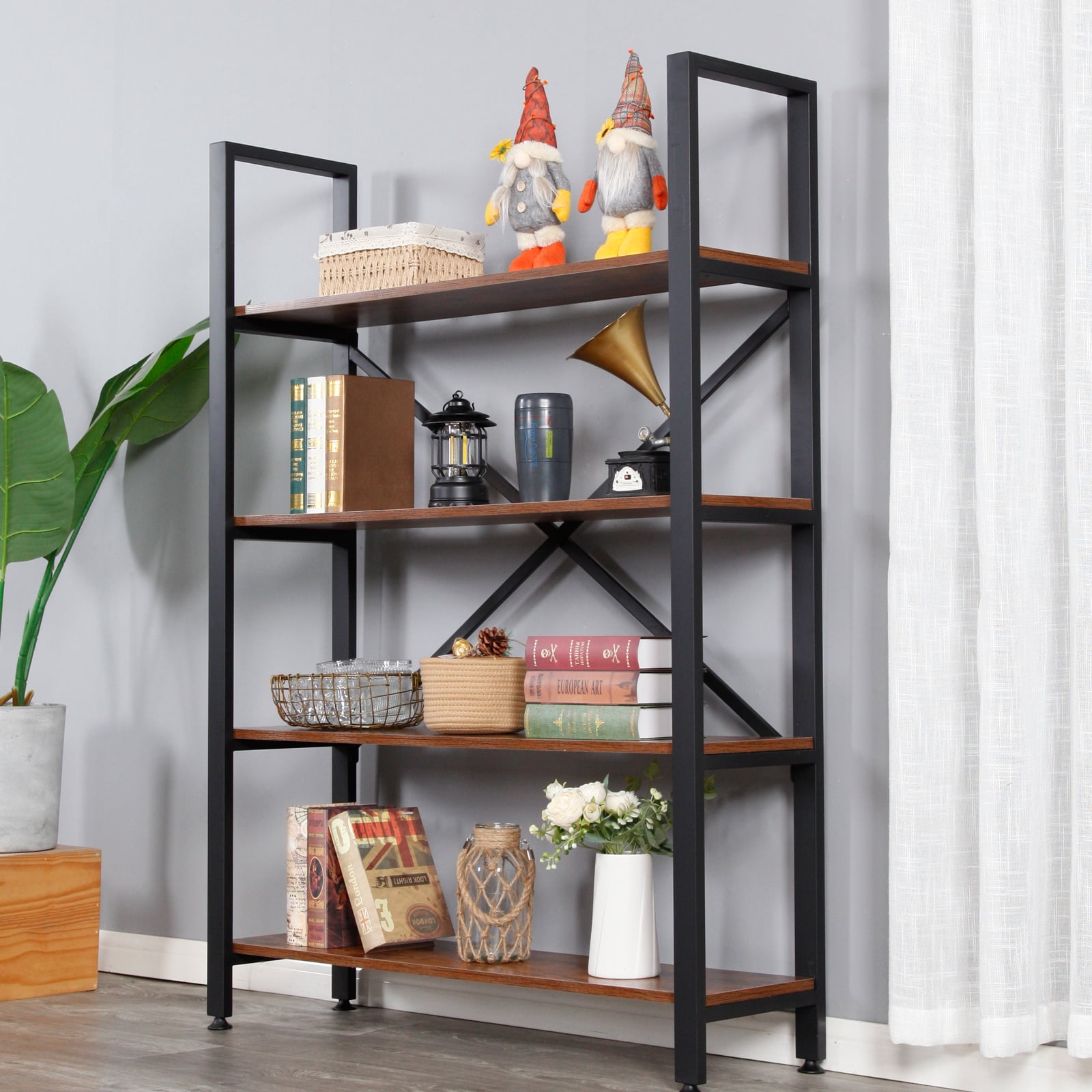 V.ZQLAMZ Rustic Industrial 4-Tier Bookcase, 55” High, Brown Metal Frame Display Rack