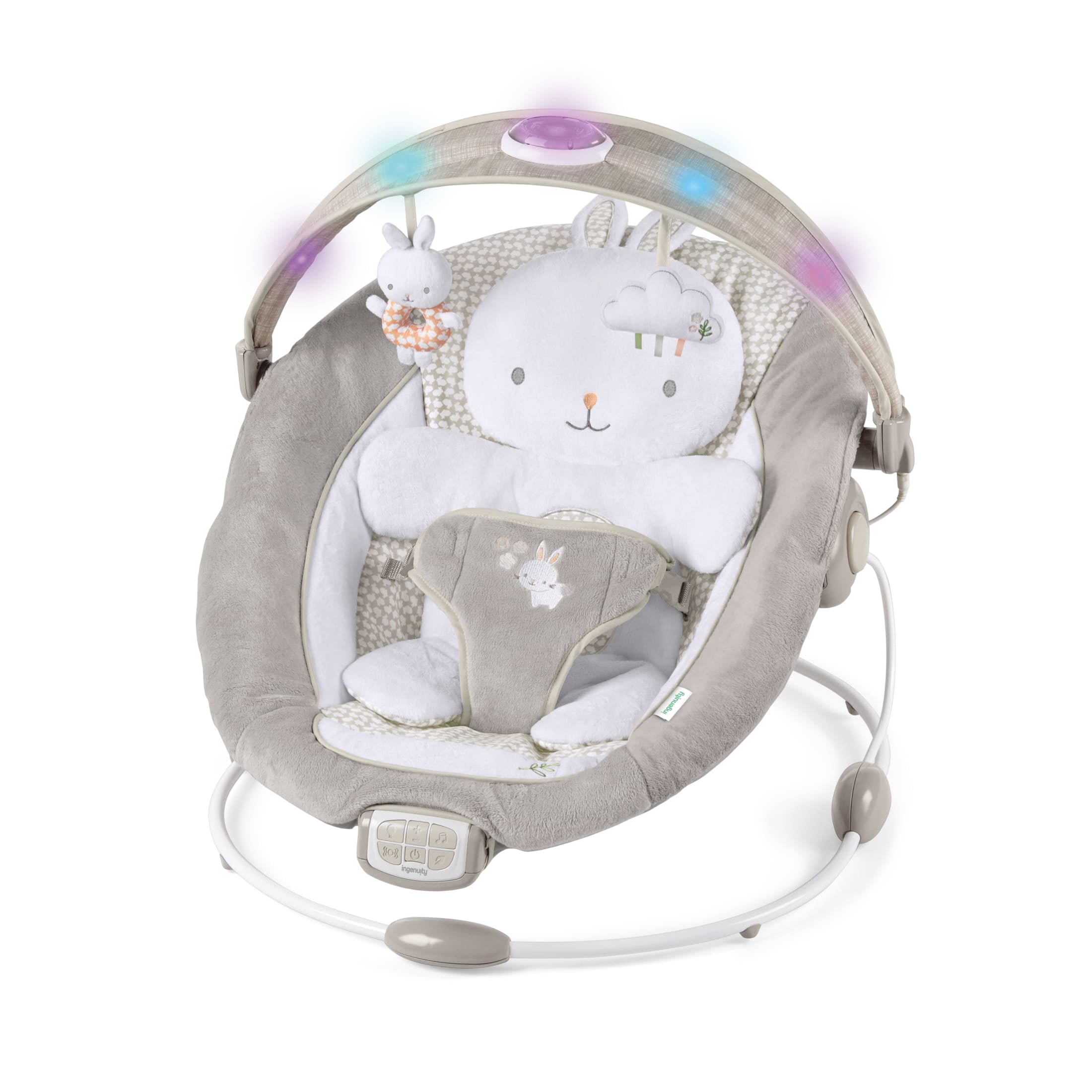 Ingenuity InLighten Twinkle Tails Vibrating Infant Baby Bouncer with Lightning Toy Bar and Pillow