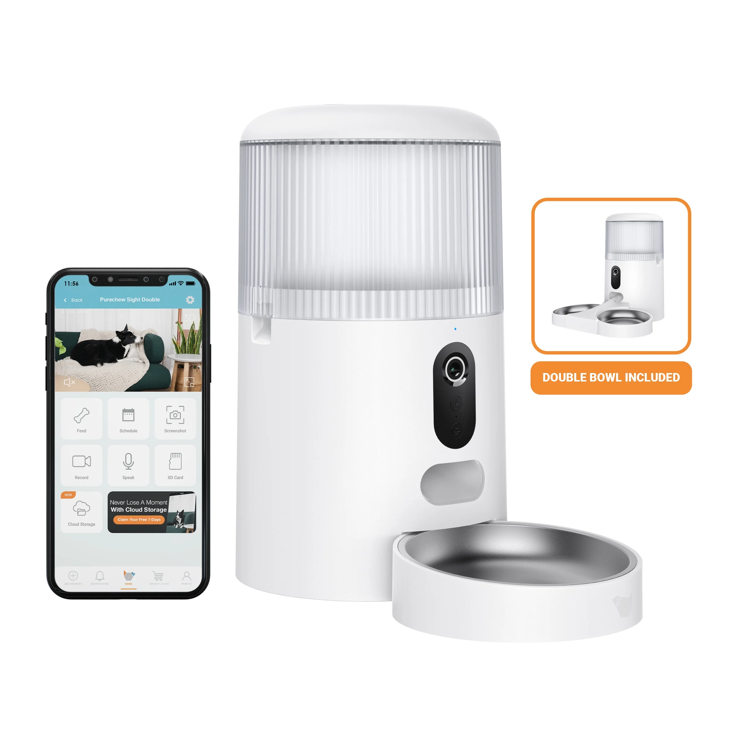 Instachew Purechew Sight Double Automatic Pet Feeder HD Camera Feeder with Double Bowls for Cats and Dogs