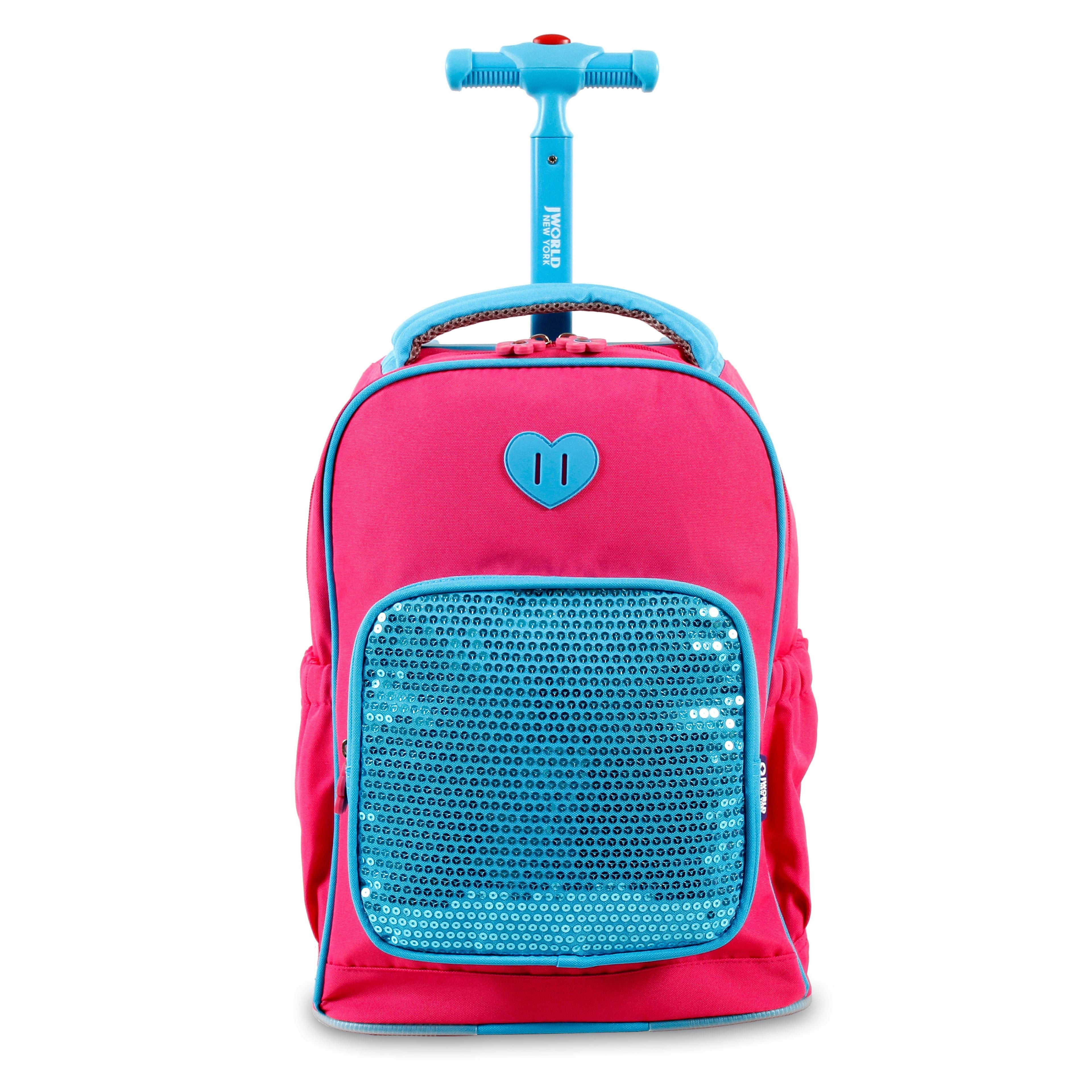 J World Girls Sparkle 15" Kids Rolling Backpack For School And Travel, Pink