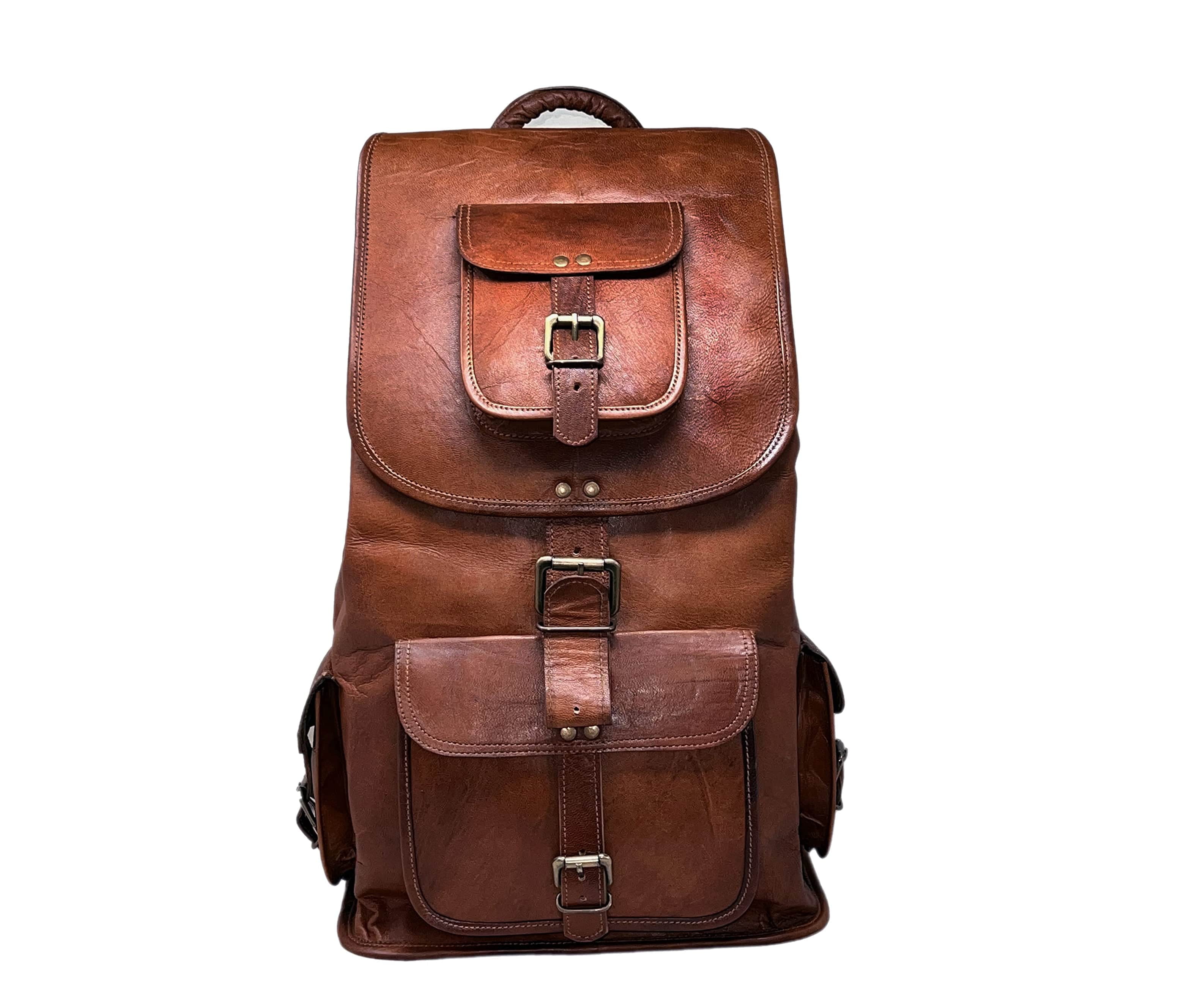 Jaald 21" Leather Backpack Rucksack Vintage Weekender Laptop Bag Travel Knapsack College Daypack BookBag Office Christmas Gift for Men Women