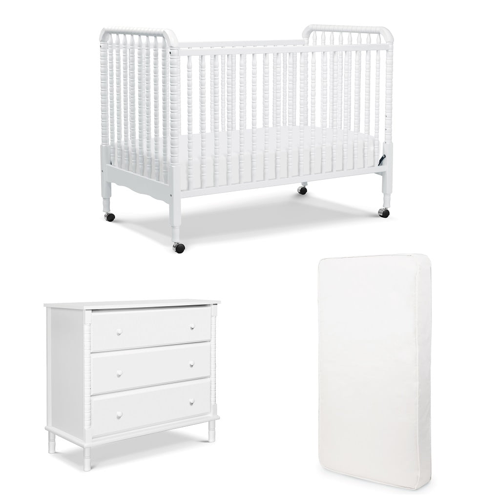 Jenny Lind 3 in 1 Convertible Crib with 3 Drawer Dresser in White and Free Hypoallergenic Universal Fit 6 inch Ultra Firm Deluxe Crib Mattress