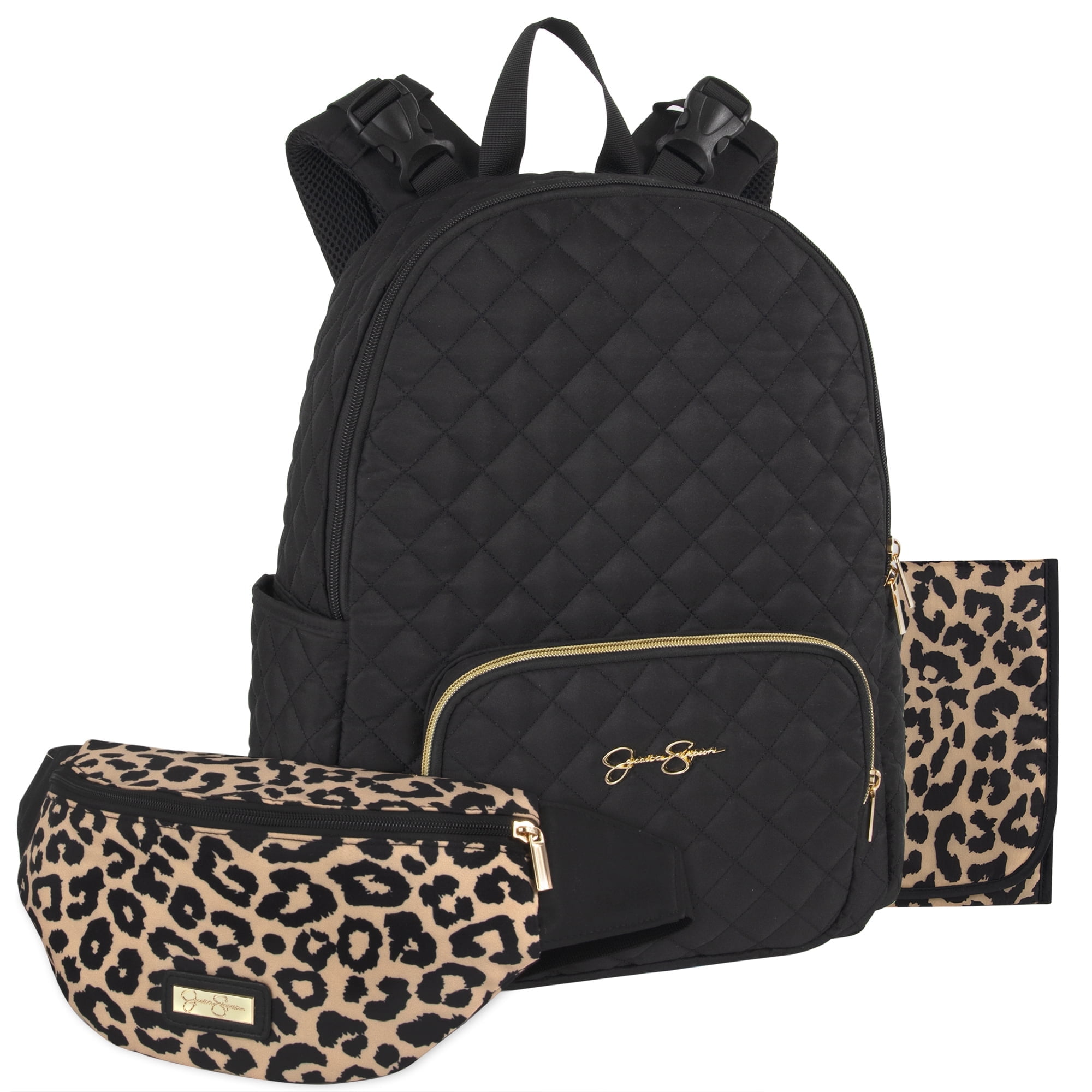 Jessica Simpson Black Diamond Quilted Multi-Pocket Dual Zipper Closure Fashion Diaper Bag Backpack with Leopard Print Interior, Matching 3-Ply Folding Baby Changing Pad & Belted Sling Bag for Mom