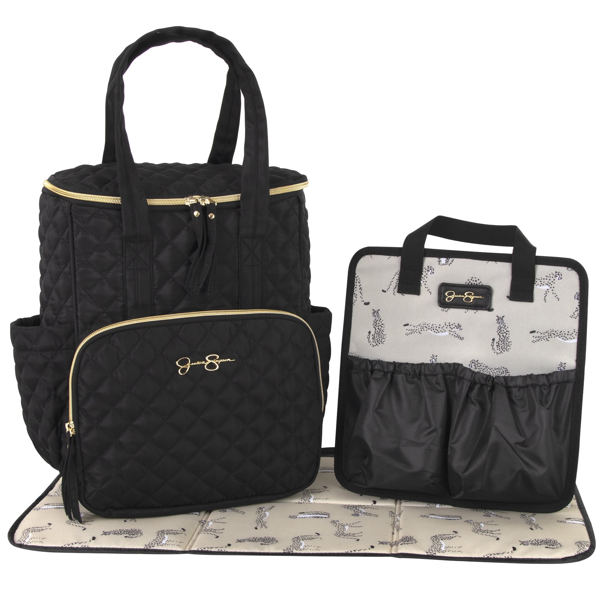 Jessica Simpson Black Diamond Quilted Multi-Pocket Dual Zipper Closure Fashion Diaper Bag Tote and Backpack with Running Cheetah Interior, Matching 3-Ply Folding Baby Changing Pad & Changing Caddy