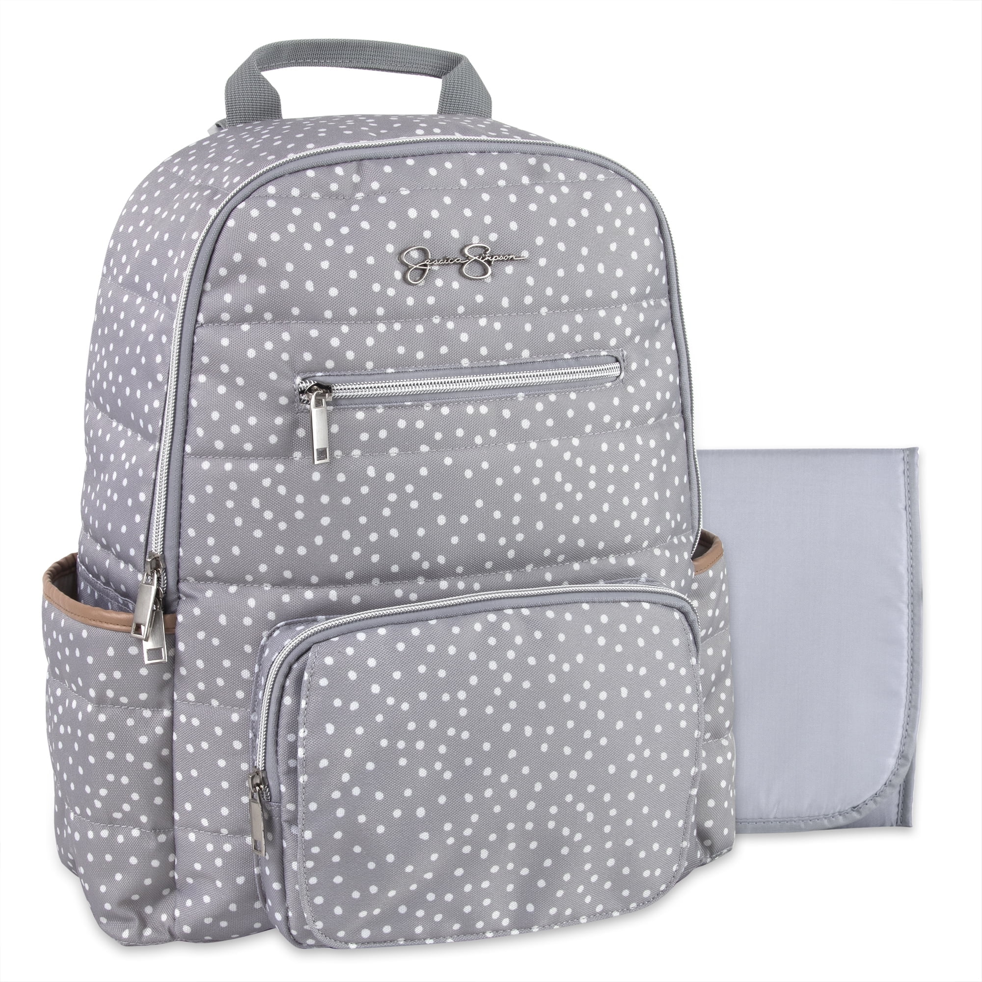 Jessica Simpson Gray Line Quilted Multi-Pocket Dual Zipper Closure Fashion Diaper Bag Backpack in Dots with Magnetic Front Baby Wipe Pocket, Matching 3-Ply Folding Baby Changing Pad