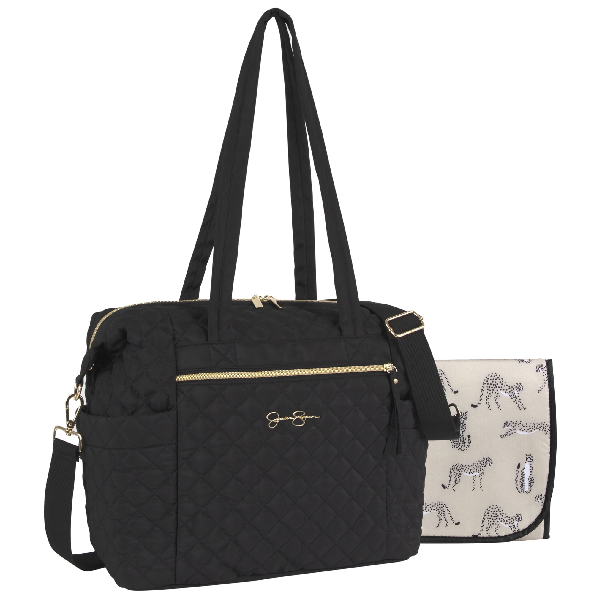 Jessica Simpson Large Black Diamond Stylish Quilted Multi-Pocket Dual Zipper Closure Fashion Diaper Bag Travel Tote Satchel with Luggage Strap, Running Cheetah Print Interior & Changing Pad