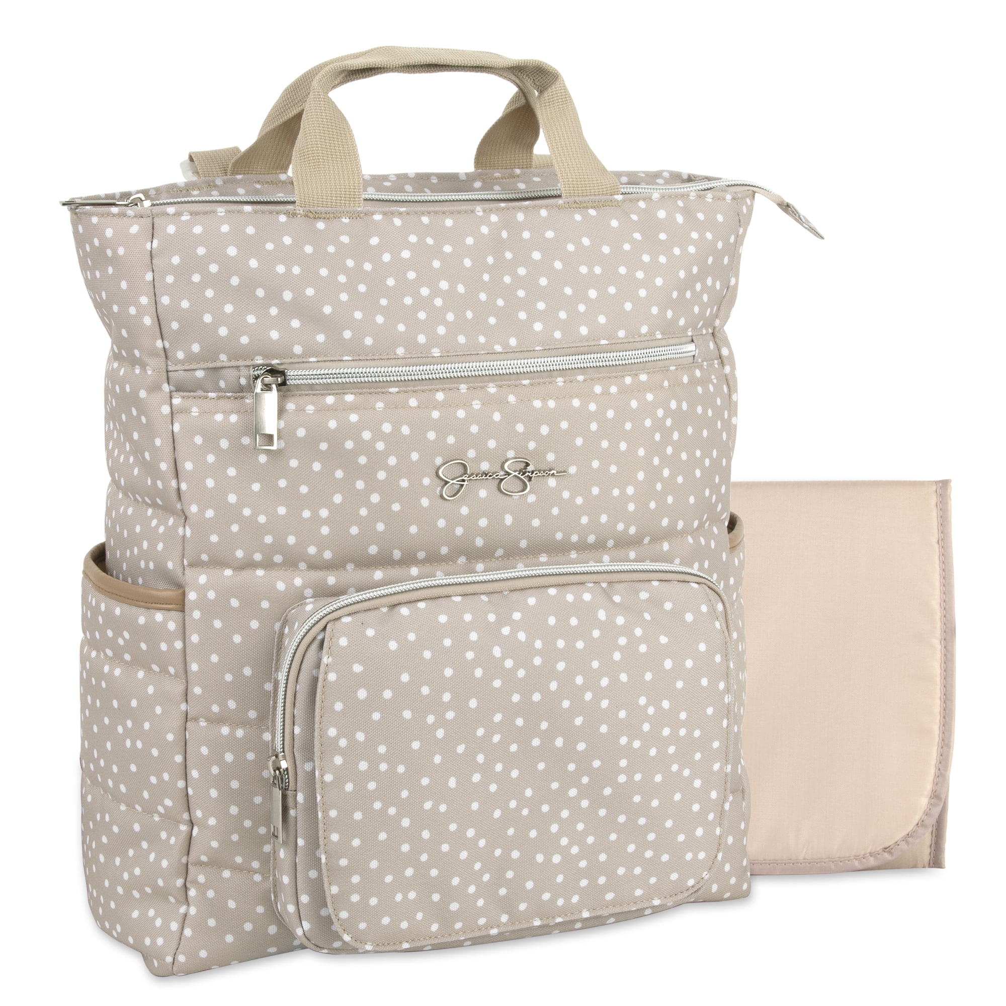 Jessica Simpson Taupe Line Quilted Multi-Pocket Fashion Diaper Bag Tote and Backpack in Dots with Magnetic Front Baby Wipe Pocket, Matching 3-Ply Folding Baby Changing Pad