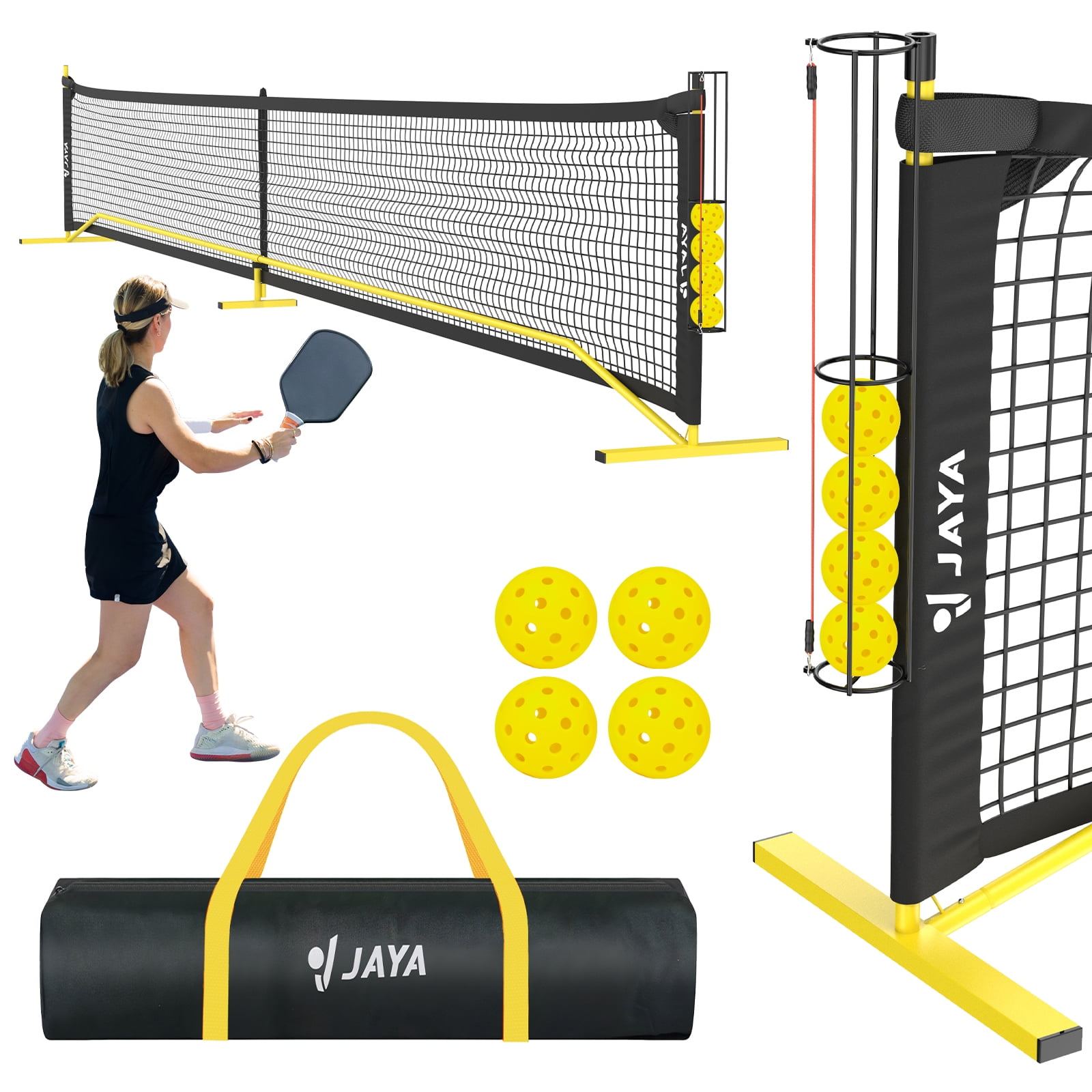 JAYA SPORTS Portable Outdoor Pickleball Net with Carrying Bag, Black/Yellow, 22ft
