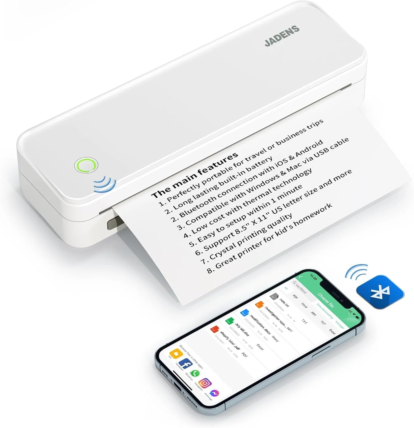 JADENS School Supplies Wireless Portable Printer for Travel, Bluetooth Thermal Printer, Compact Inkless Printer Compatible with Android, iOS and Laptop for Office Home, Support 8.5'' x 11'' US Letter