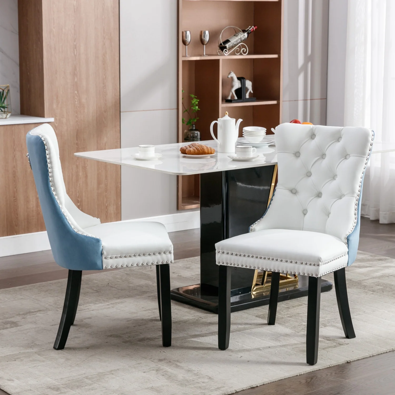 JDZDESIGN &  Nikki Collection Modern  High-end Tufted Solid Wood Contemporary PU and Velvet Upholstered Dining Chair with Wood Legs Nailhead Trim 2-Pcs Set  +Light Blue  SW2101WL