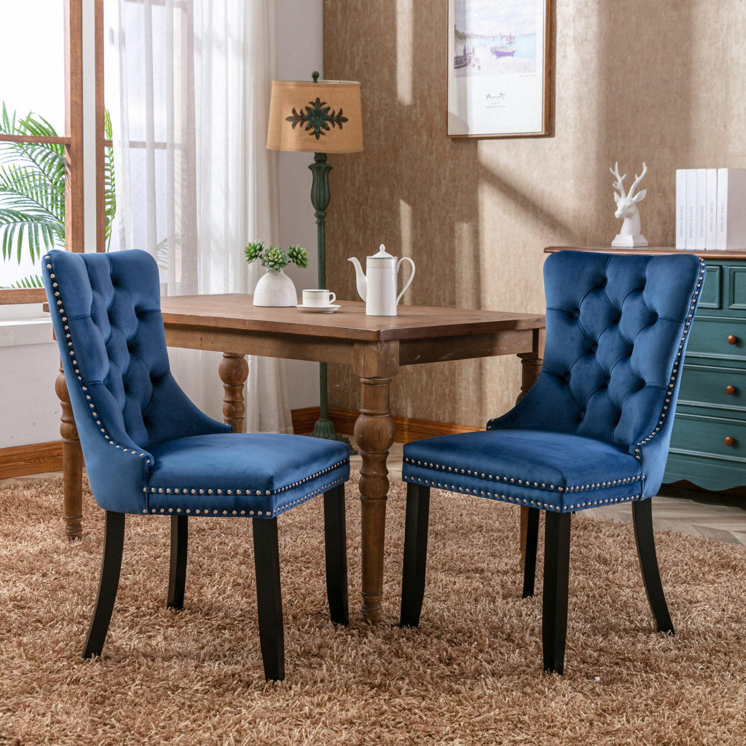JDZDESIGN Nikki Collection Modern  High-end Tufted Solid Wood Contemporary Velvet Upholstered Dining Chair with Wood Legs Nailhead Trim 2-Pcs Set Blue  SW2001BL