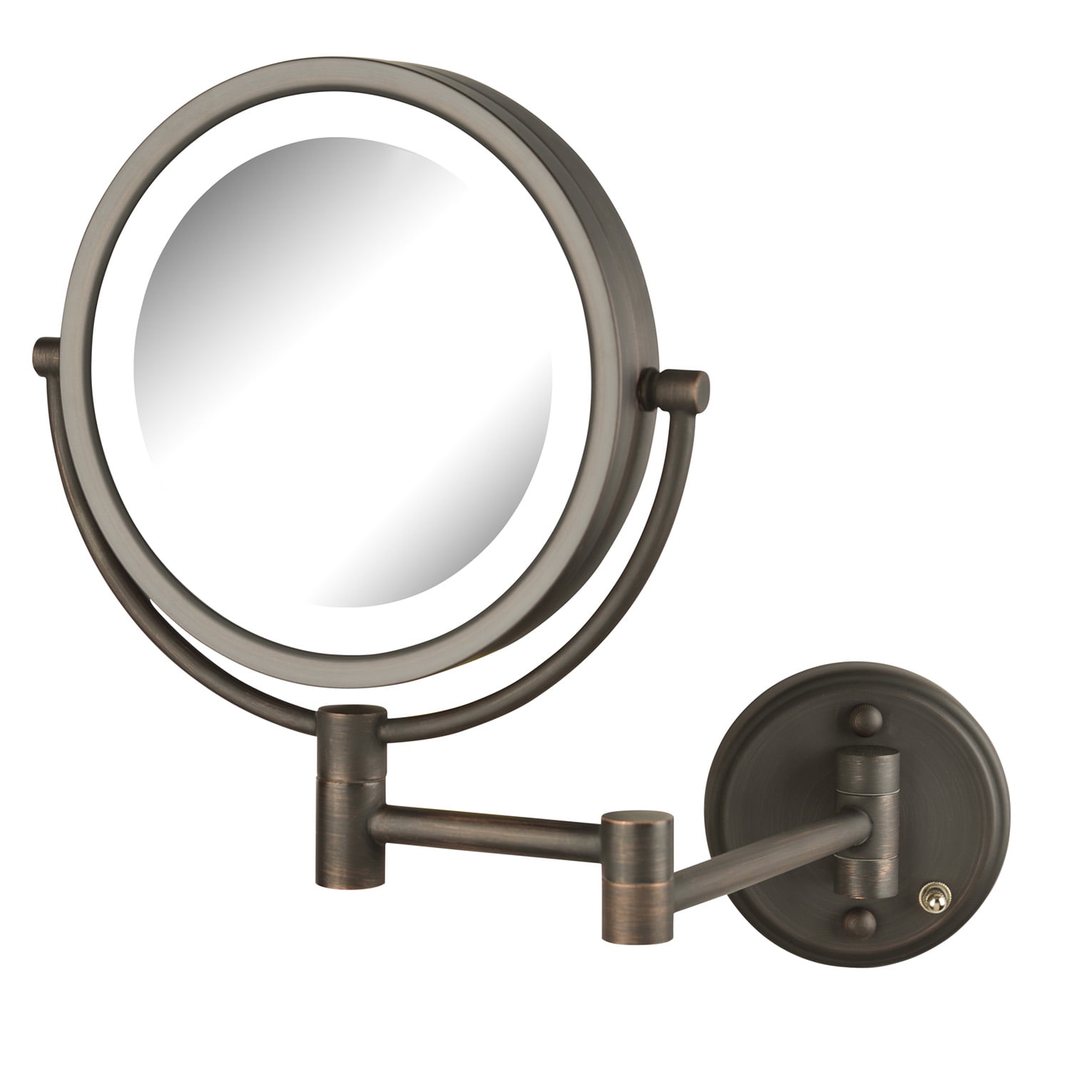 JERDON Two-Sided Wall-Mounted Makeup Mirror - LED Lighted - 8X-1X Magnification - Mirror Extends up to 13.5” From the Wall - 8.5-inch Diameter Mirror with Bronze Finish -Plug In - Model HL88BZL