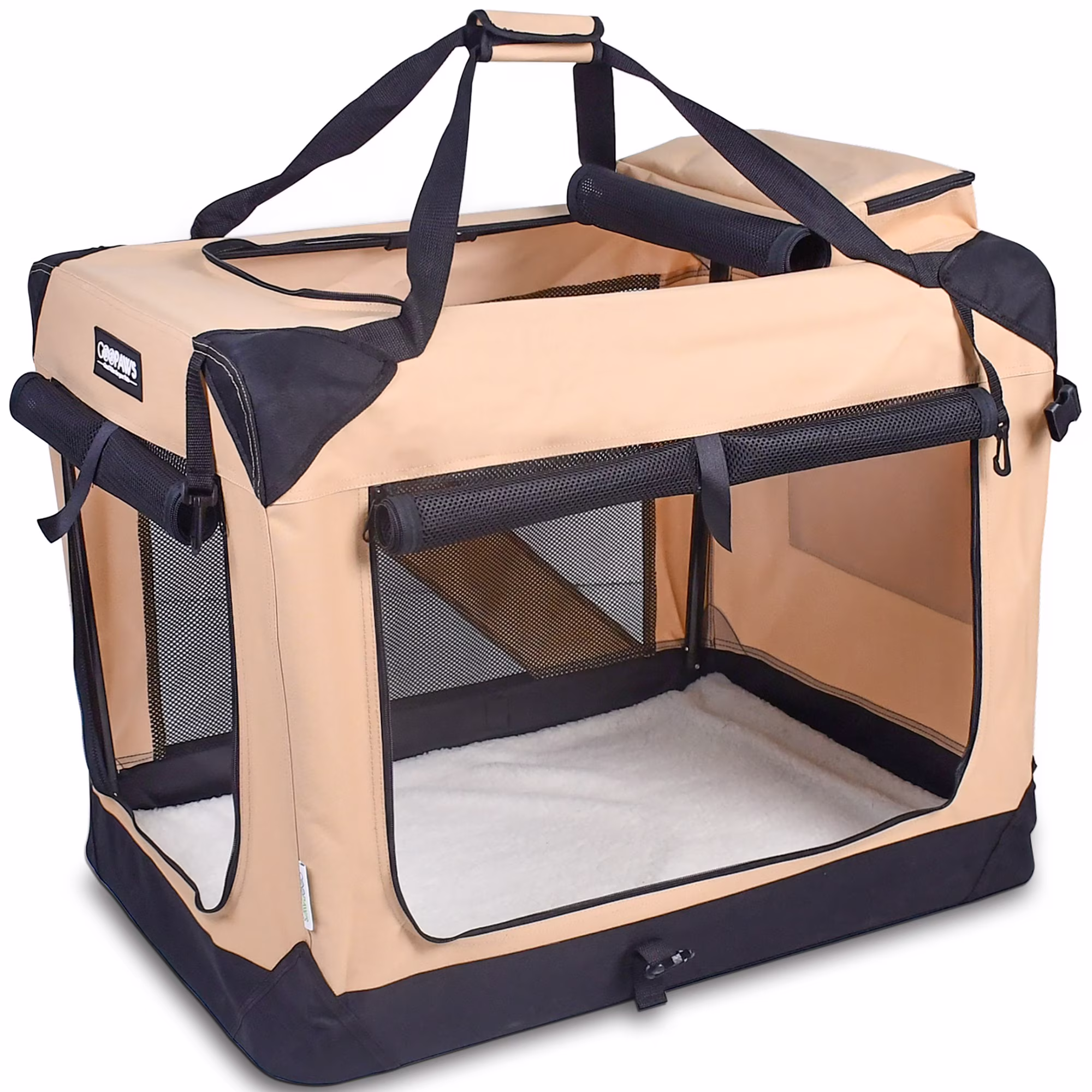 JESPET: 30" Soft Pet Crate - Beige - Dogs & Cats Up to 50 lbs, 3 Door Folding Kennel, Indoor Outdoor Travel Carrier, Mesh Windows, Fleece Mat, GooPaws
