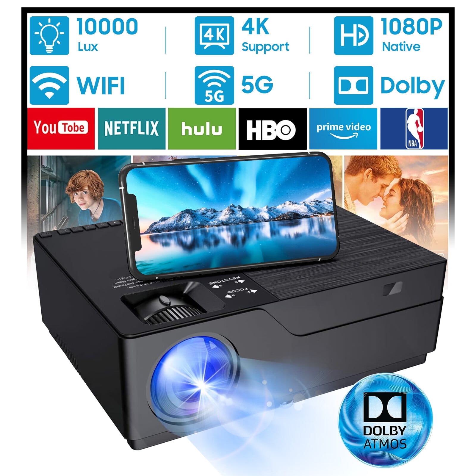 JIMTAB M18 PRO Native 1080P Video Projector,WiFi HD Projector Support AV,VGA,USB,HDMI, Compatible with Xbox,Laptop,iPhone and Android for Academic Display and Home Theater (Metallic Black(M18 Pro))