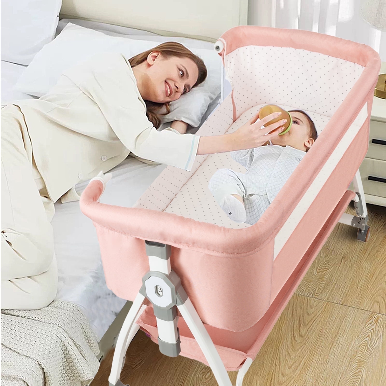 FACNOATIHN Baby Bassinet, 5-in-1 Infant Bedside Crib with Changing Table and Locked Wheel, Adjustable Height, for 0-24 Months, Pink