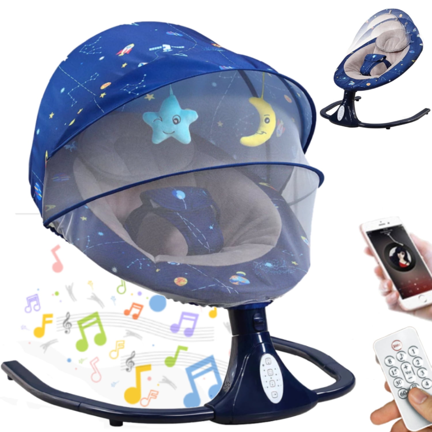 JOJOLAM Electric Baby Swing, Infant Bouncer Chair with Bluetooth Music, 3 Gear Adjustable Seat, 12 Lullabies, 4 Speeds, 4 Timing Set, Blue