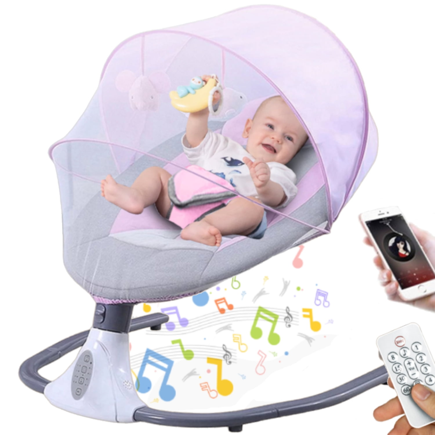 FACNOATIHN Electric Baby Swing, Infant Bouncer Chair Rocker with 12 Lullabies, Bluetooth Music, Adjustable Speeds, 4 Timing Set, Unisex, Pink