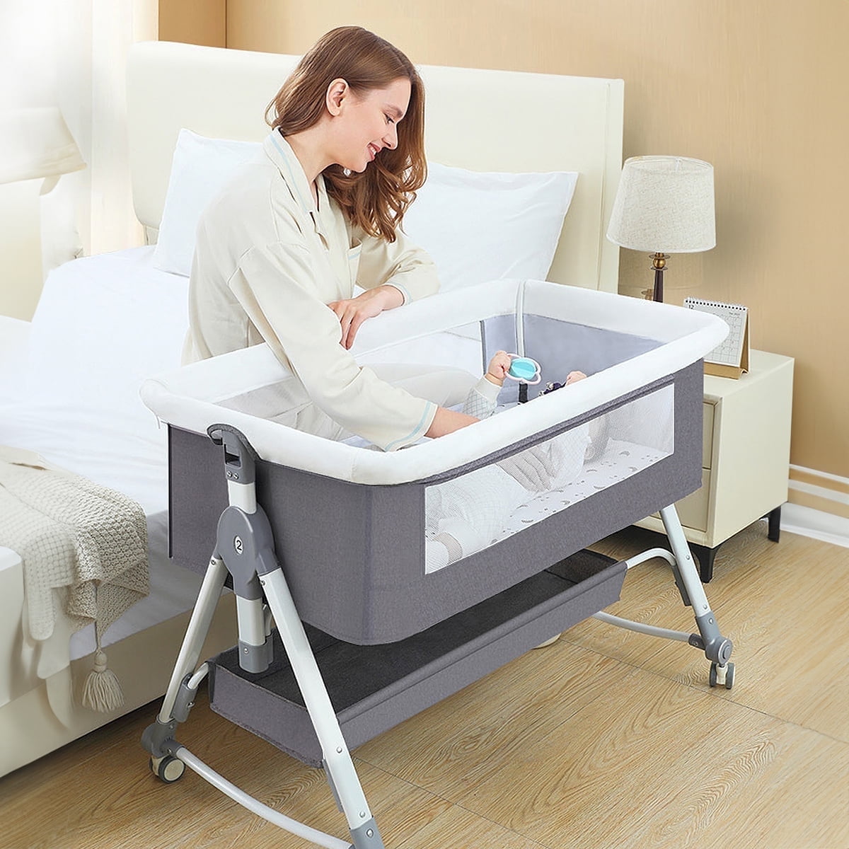 BEJOLO 5-in-1 Baby Bassinet, Adjustable Height Infant Bedside Crib with Diaper Table, 0-24 Months, Gray