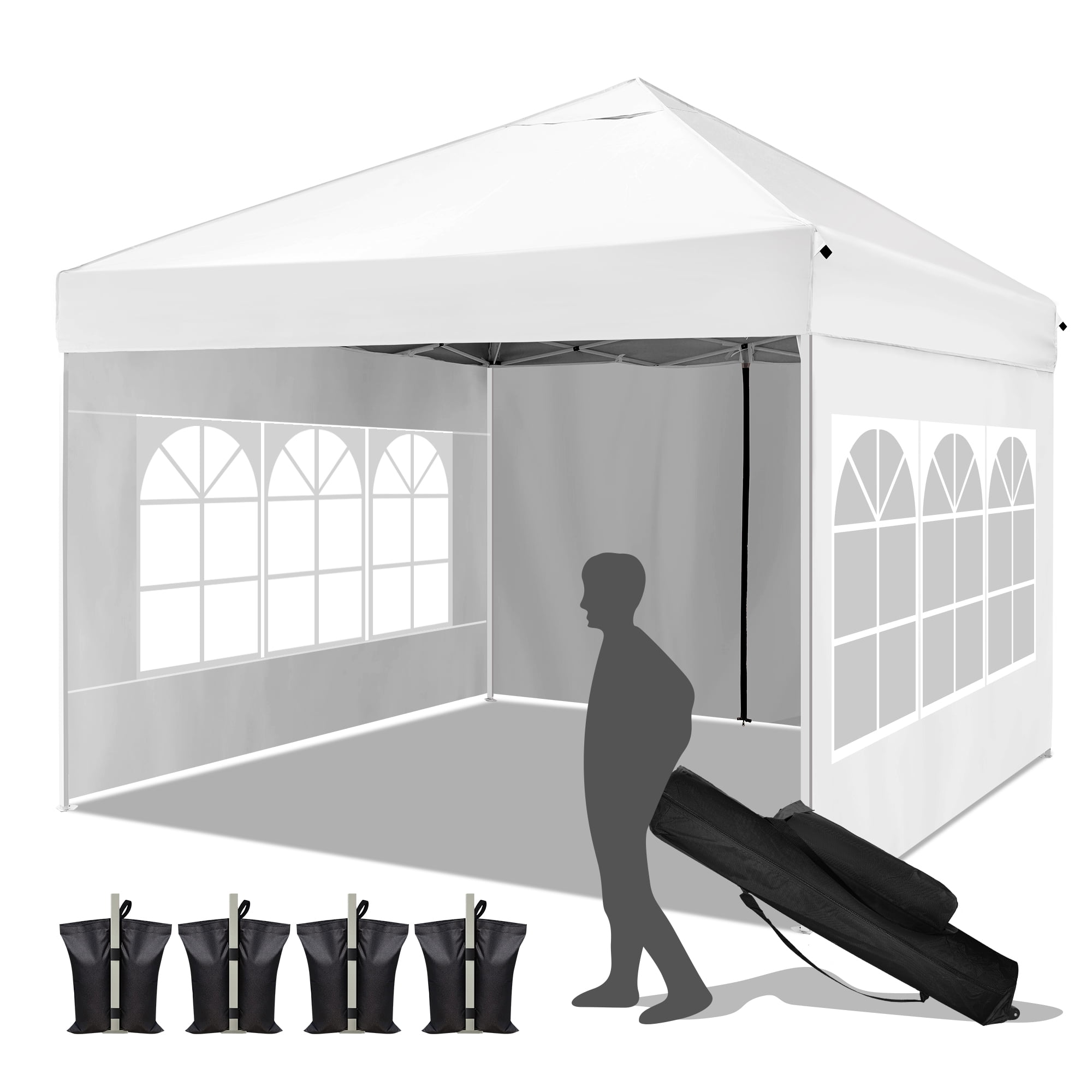 JZSDB 10' x 10' Pop Up Canopy Tent with Sidewalls Windows, Wheeled Bag, 4 Weight Bags - White