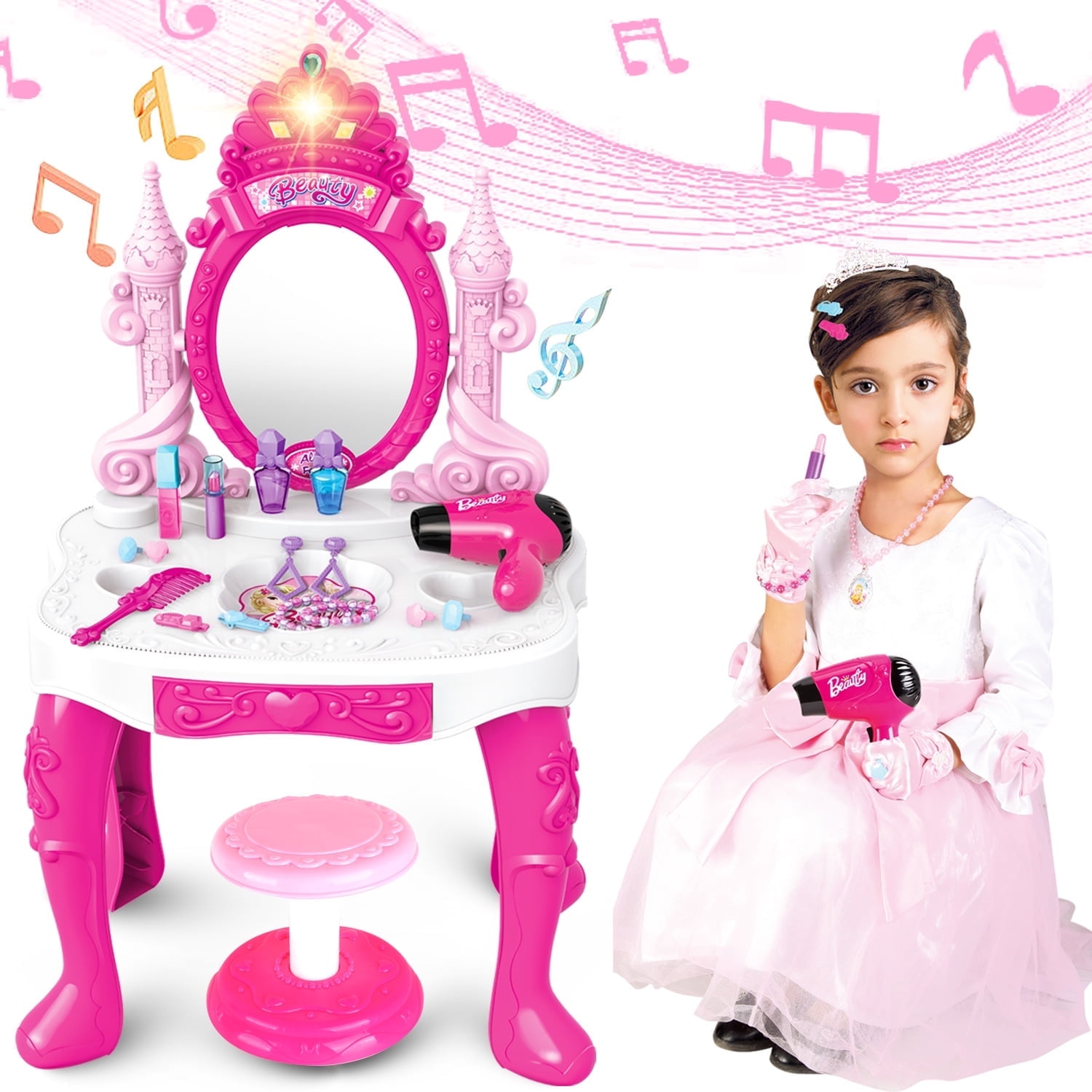 Jiakora Toddler Vanity Toy, Makeup Table with Mirror and Chair, Kids Pretend Play Vanity Set with Accessories and Lights and Music, Toy Gift for Girls 2-5 Years Old, Pink