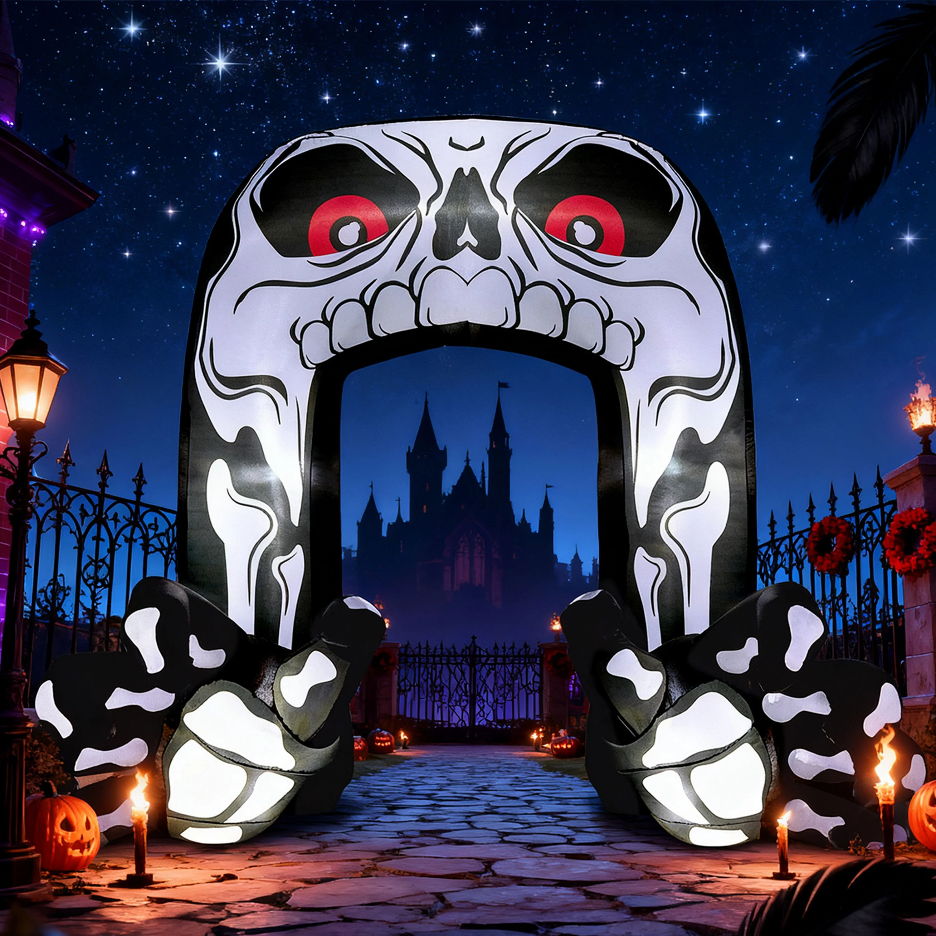 Joyfy 8 FT Halloween Inflatable Giant Skeleton with Hands Grabbing Archway Decorations Inflatable with Build-in LEDs,Halloween Blow Up Yard Decorations