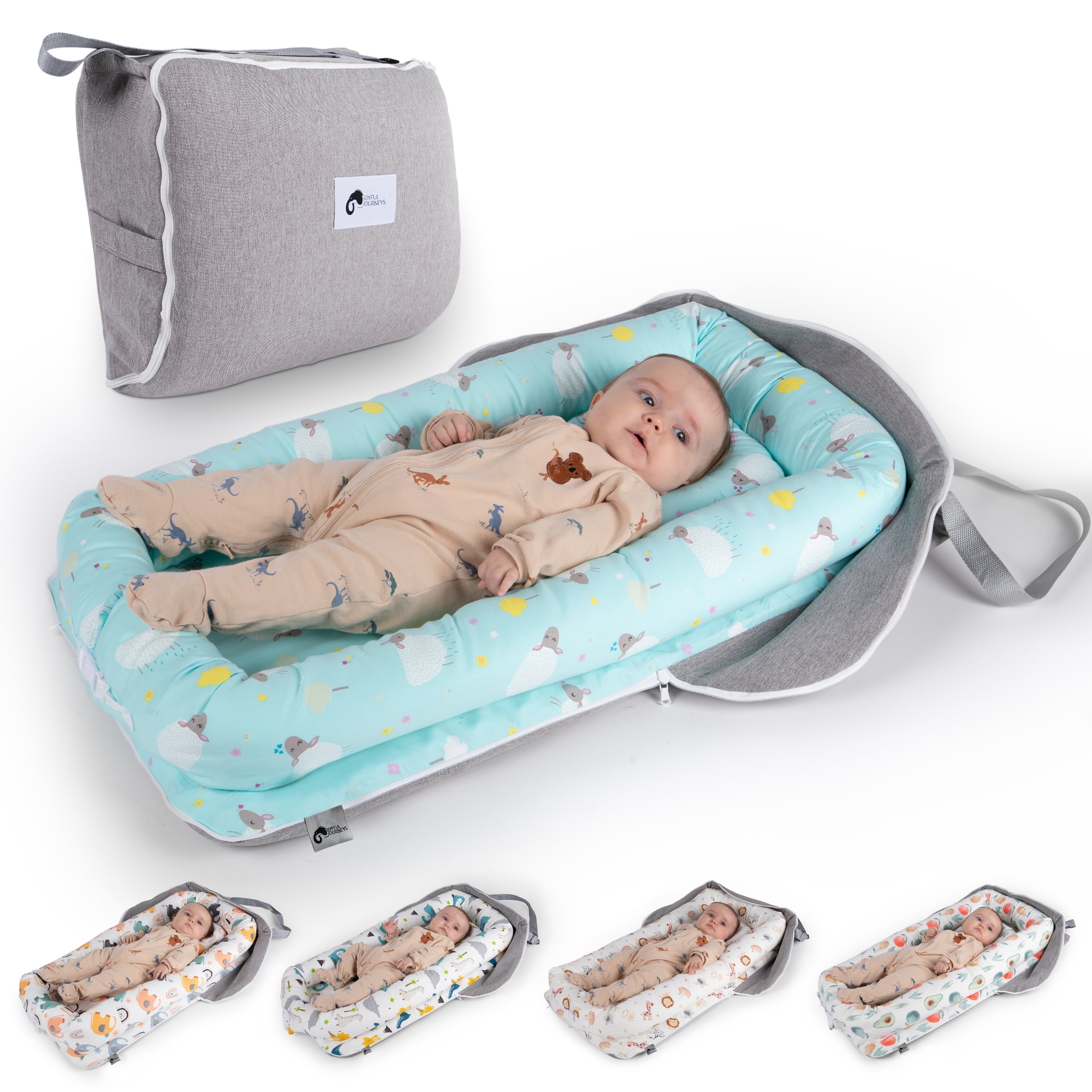 Joyful Journeys Versatile Diaper Bag & Baby Lounger (Blue Lambs)