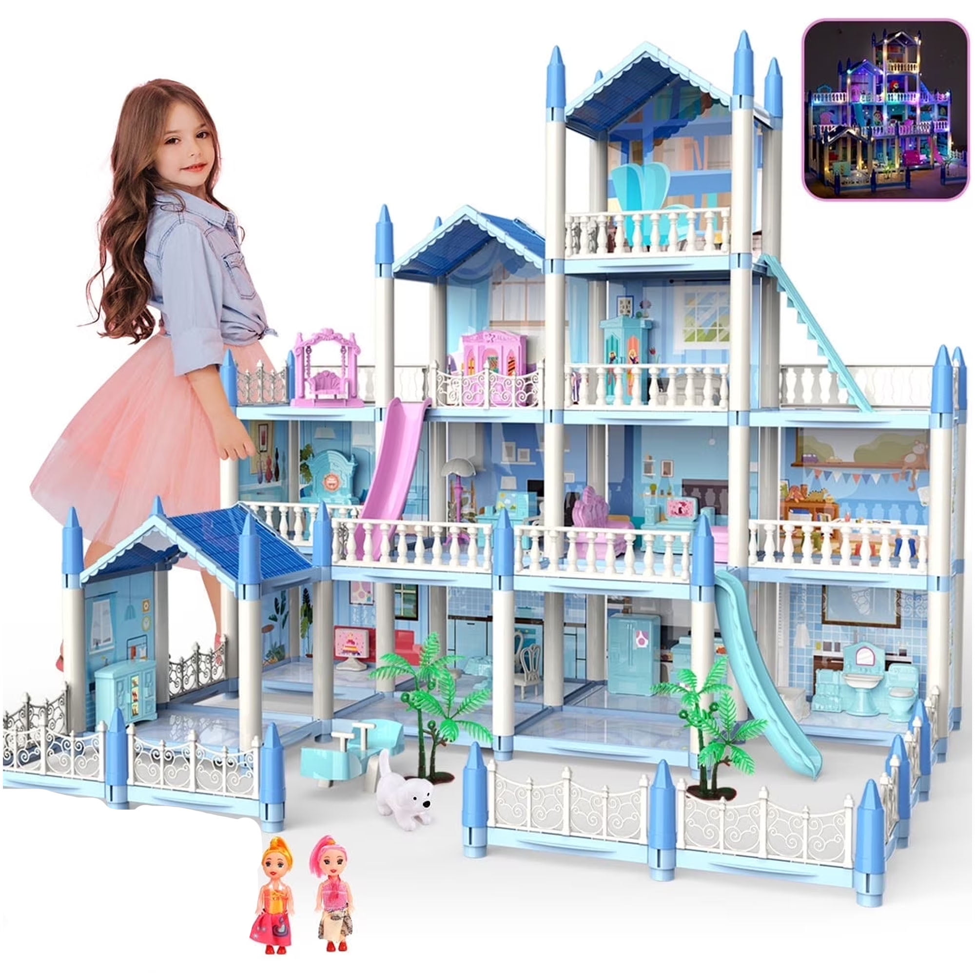 JoyStone Dollhouse with Colorful Light, Pretend Play 14 Rooms DIY Playhouse, Kids Doll House with 2 Dolls, Creative Gift for Girls, Blue