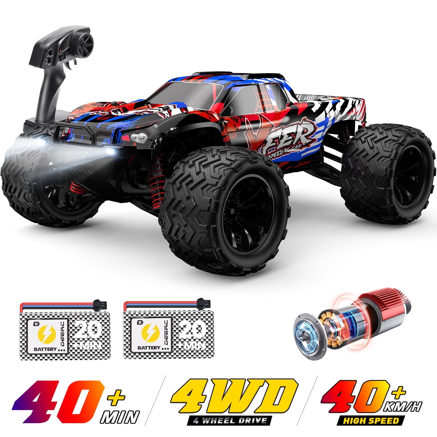 JoyStone RC Cars High Speed Remote Control Truck, 1:16 Scale 30+MPH RC Vehicle with LED Lights, 4WD All Terrain Offroad Truck with 2 Batteries, Gifts for Kids Adults