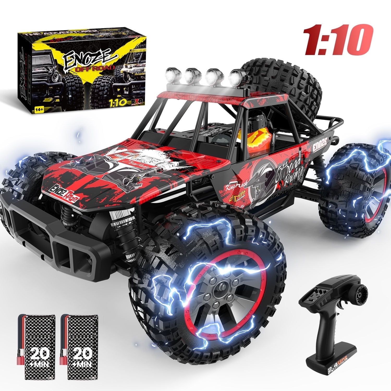 JoyStone 1:10 Large RC Car 35+MPH Hobby Grade Fast RC Truck with Lights, 4WD All Terrain off Road Monster Truck Electric Vehicle with 2 Batteries for Adults Boys, Red