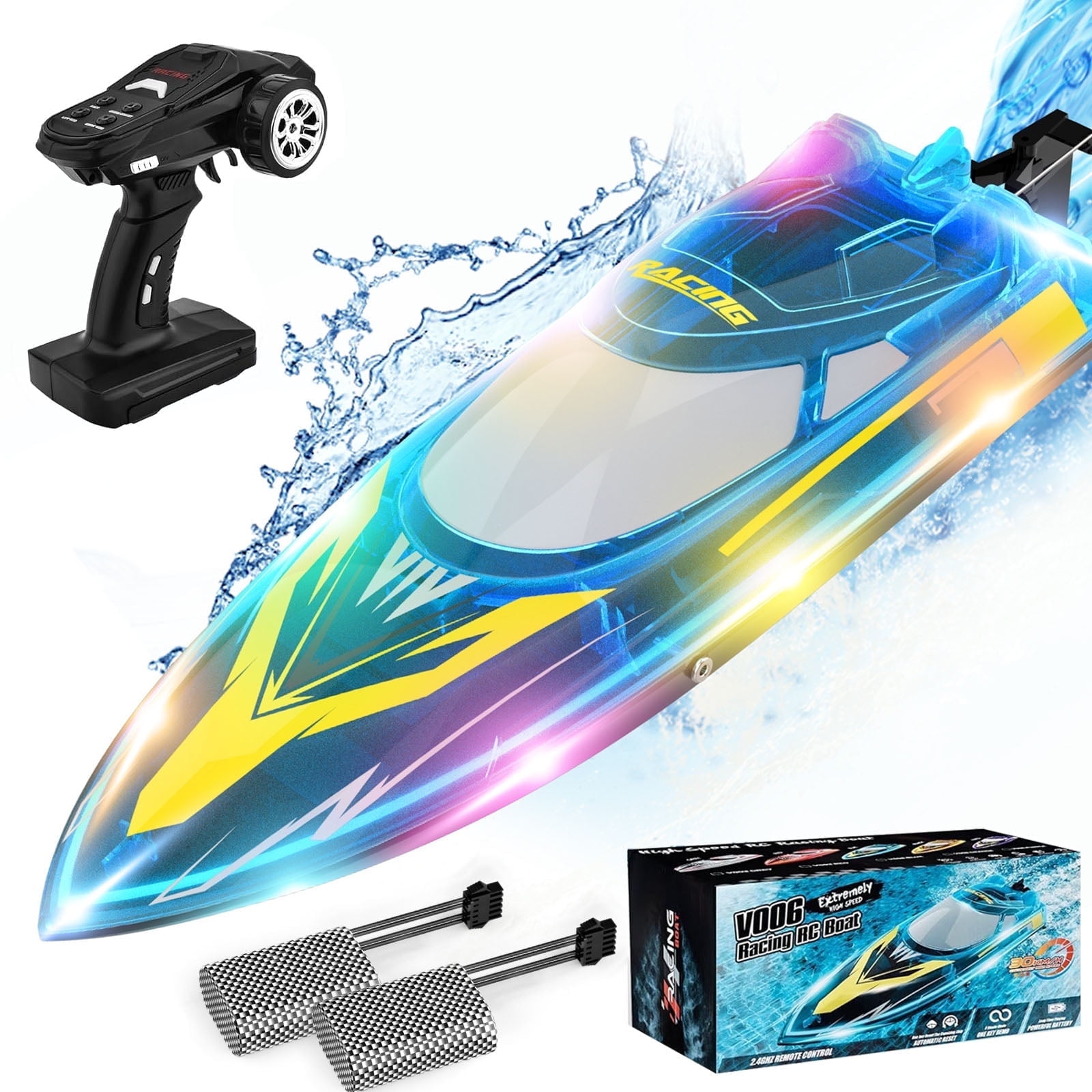 JoyStone 20+ mph RC Boat for Pool & Lakes, Fast Remote Control Boat with LED Lights, 3 Speeds Cruise Control Racing Boat, 2 Batteries 60Mins, Pool Toys for Adults & Kids