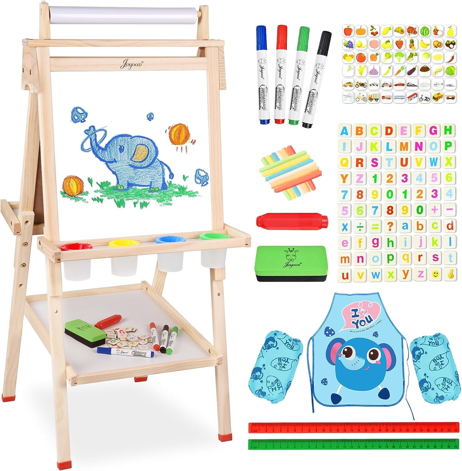 Joyooss Art Easel for Kids with Double-Sided Magnetic, Wooden Standing Kids Easel with Dry Erase Whiteboard & Chalkboard,Height Adjustable Children Easel with Paper Roll