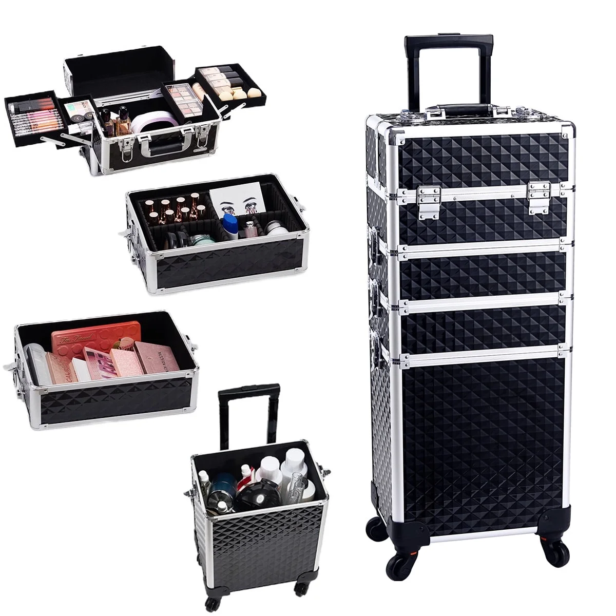 Velore Professional Rolling Makeup Case with Wheels 4 in 1 Aluminum Cosmetic Train Case Trolley Box Salon Barber Suitcase