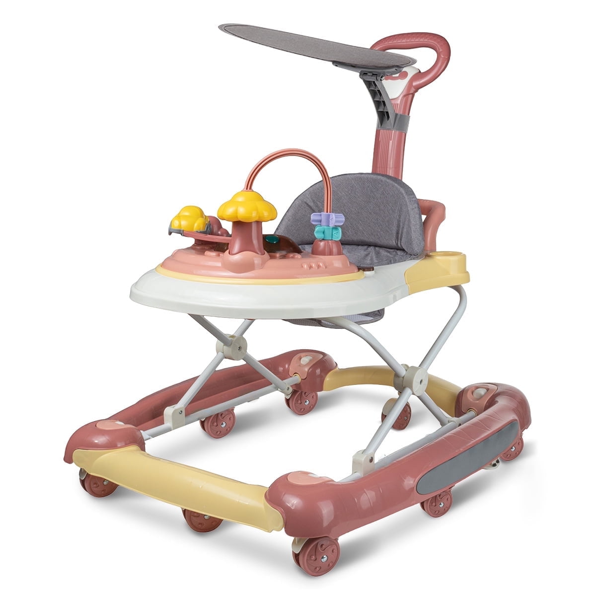 Jonster Baby Walker, 4 in 1 Foldable Walkers with Wheels & Removable Feeding & Music Tray, Activity Center for Baby Boys / Girls, Pink