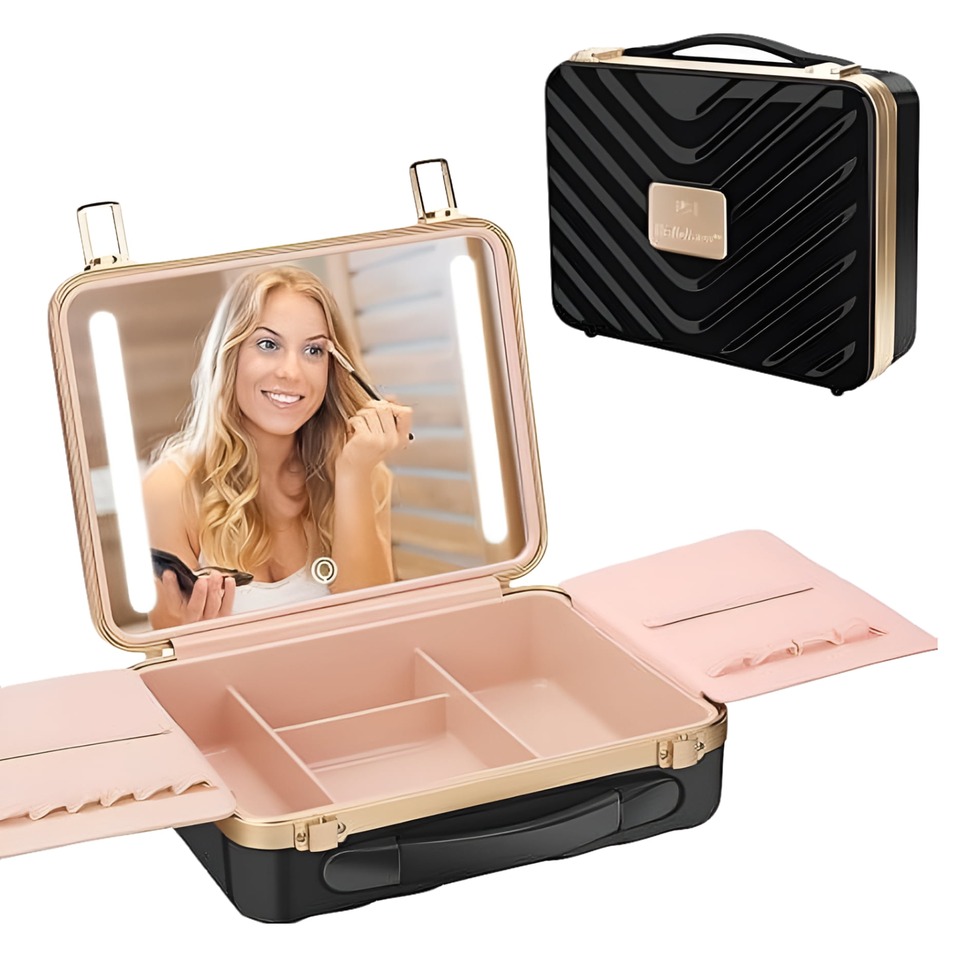 Kalolary Travel Makeup Train Cases with Lighted Mirror 3 Color Setting, Makeup Bag Cosmetic Case Organizer Adjustable Brightness Portable Makeup Storage Box For Makeup Brushes Accessories Tools,Black