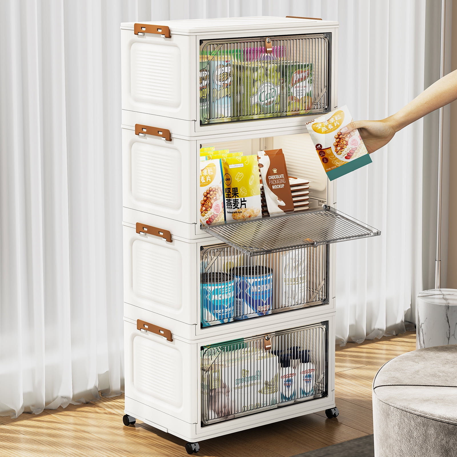 4 Tier Collapsible Storage Bins with Magnetic Doors, 36QT Stackable Organizers with Locking Wheels & Side Latches, Foldable Plastic Storage Containers for Bedroom, Office, Dorm Room Organizing