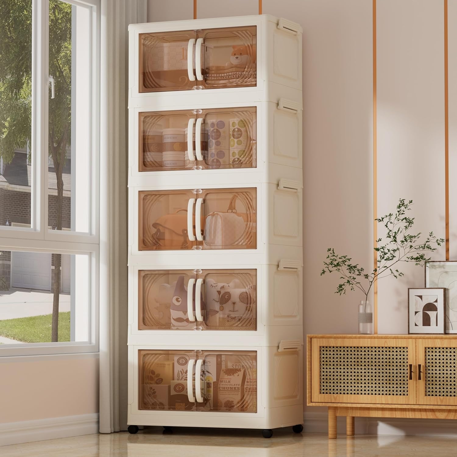 Karramlili Stackable Storage Bins 160 Qt, 5 Tiers, 17.7"x10.2"x44.1", Collapsible Storage Bins with Magnetic Door, Plastic storage cabinet with Wheels