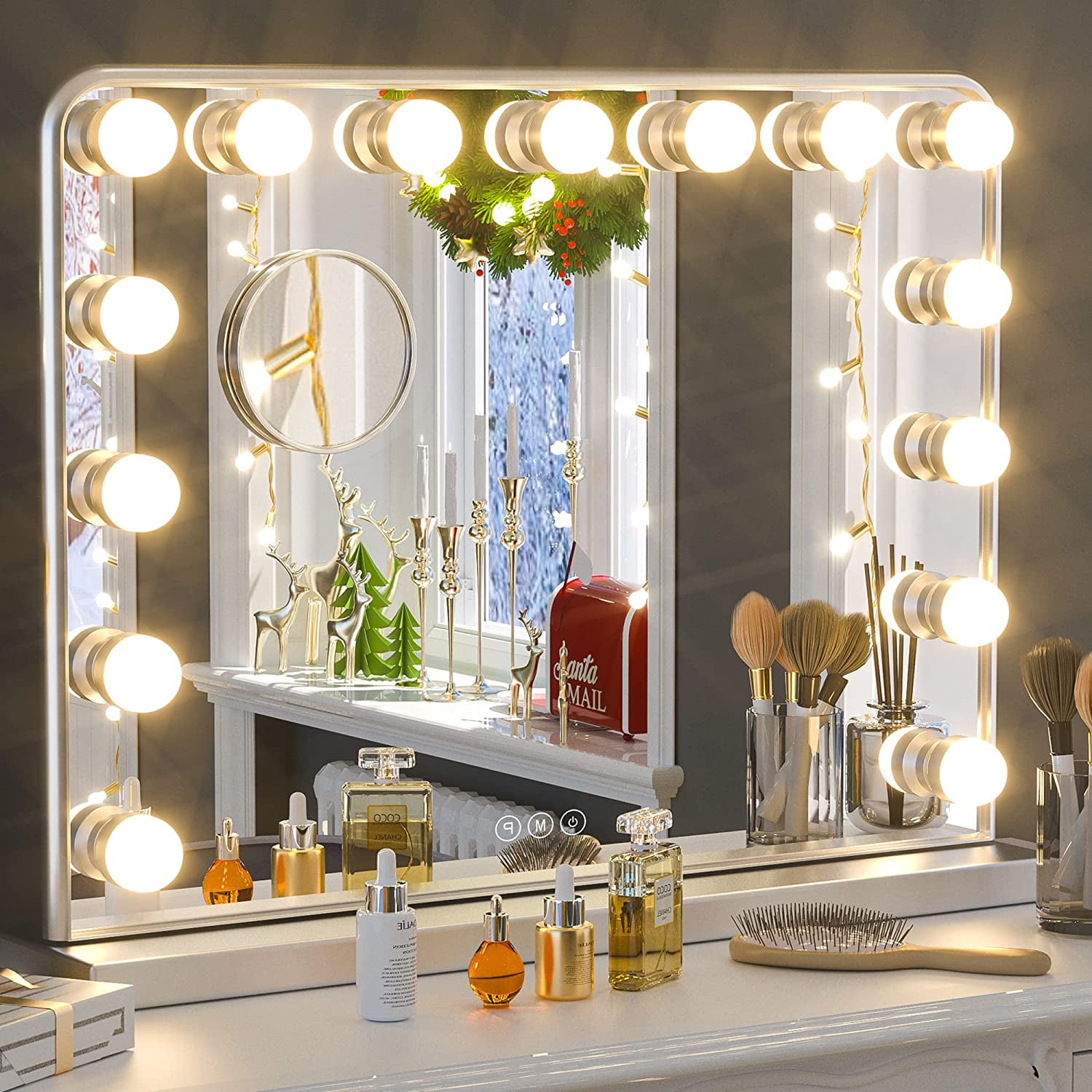 Keonjinn Hollywood Makeup Mirror Vanity Mirror with Lights, 23"x18" Large Bedroom Makeup Mirror with Lights 15 Replaceable LED Bulbs Dimmable 3 Color Lighting Modes(Silver)
