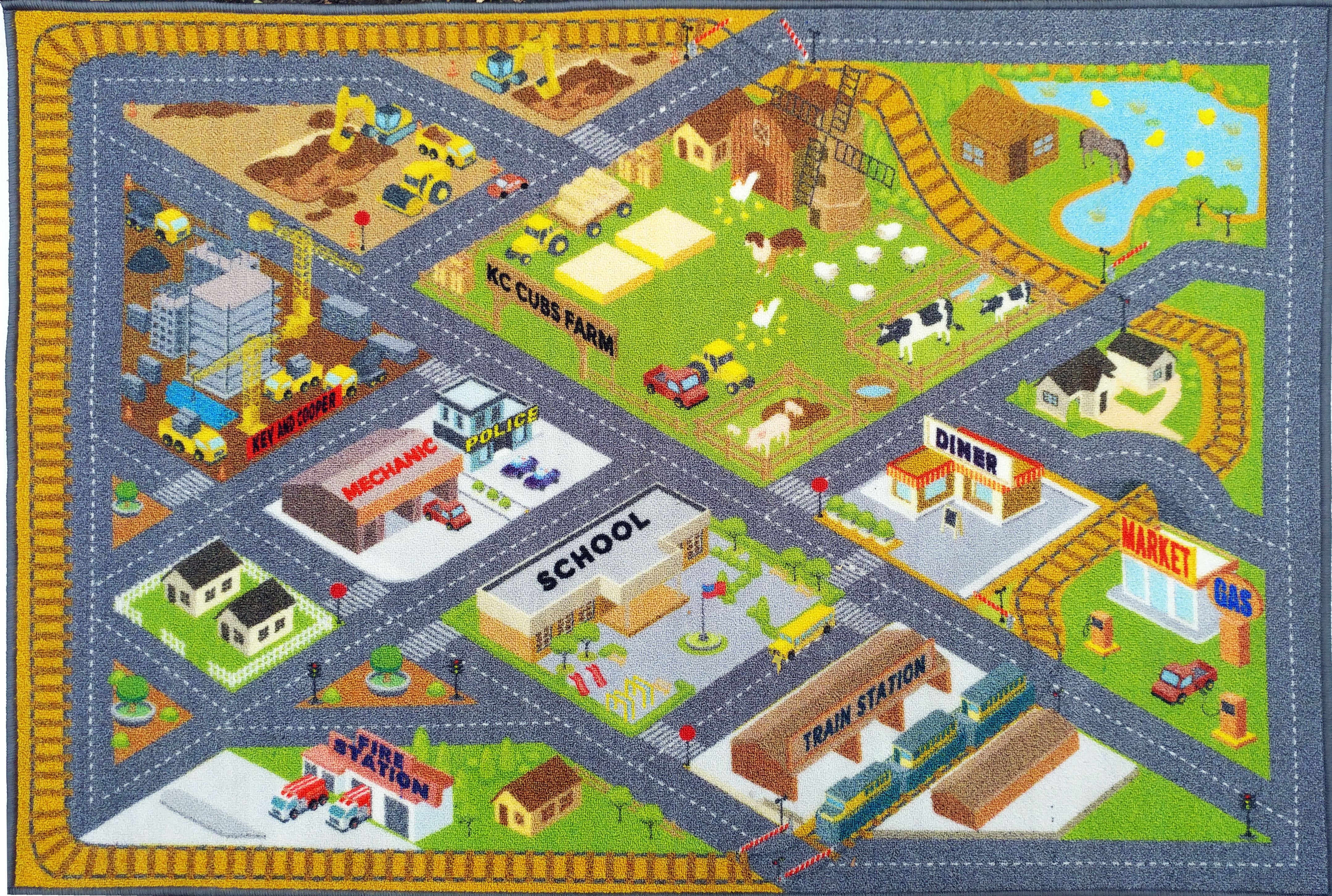 KC CUBS Playtime Collection Country Farm Road Map With Construction Site Educational Learning Area Rug Carpet For Kids and Children Bedroom and Playroom (3' 3" x 4' 7")