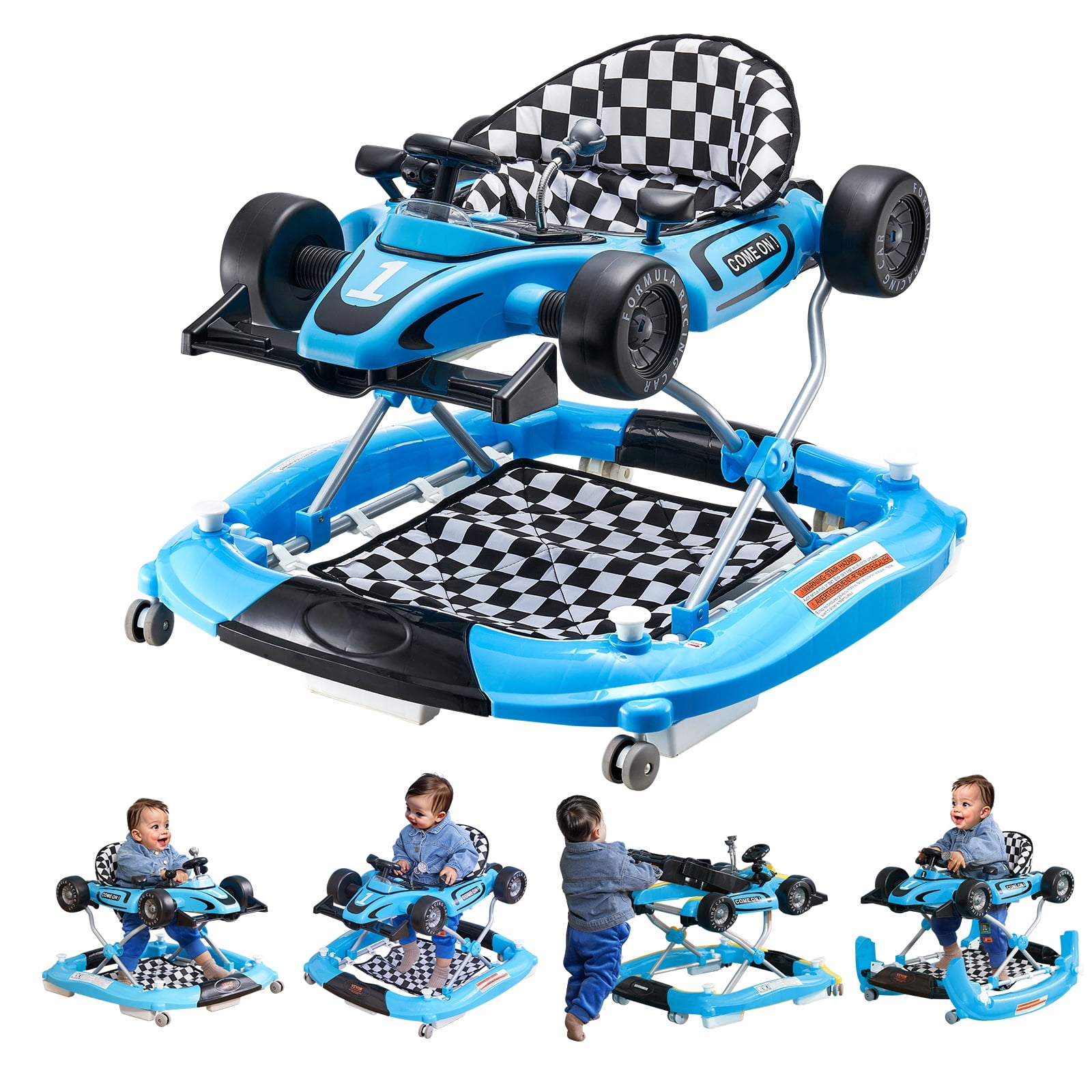 KFFKFF Baby Walker 4 in 1, Foldable Height Adjustable Baby Walker with Wheels, Infant Toddler Walker with Foot Pads, Anti-Fall Baby Walkers and Activity Center