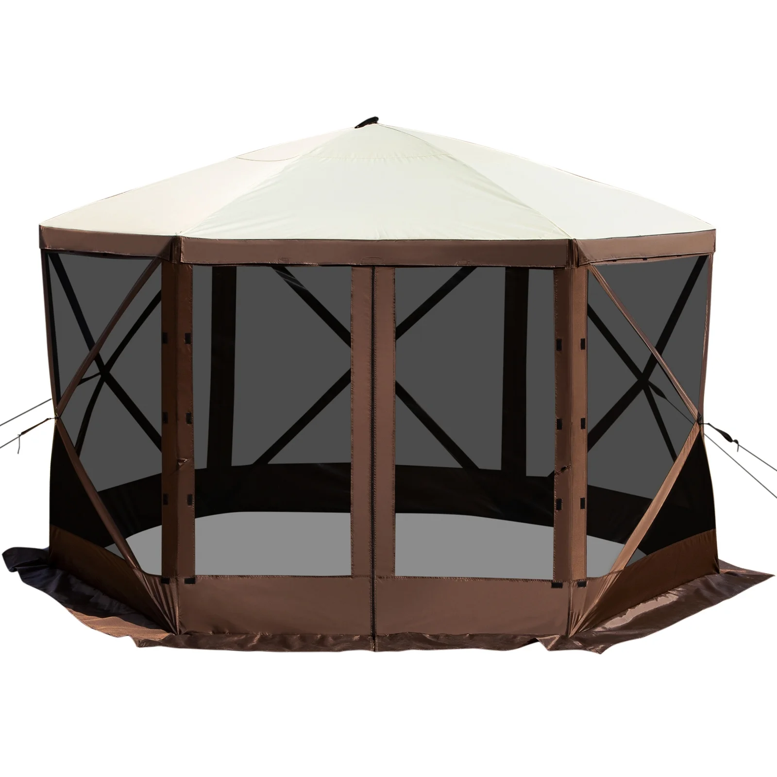KFFKFF Camping Gazebo Tent, 10'x10', 6 Sided Pop-up Canopy Screen Tent for 8 Person Camping, Waterproof Screen Shelter w/ Portable Storage Bag, Ground Stakes, Mesh Windows, Brown & Beige