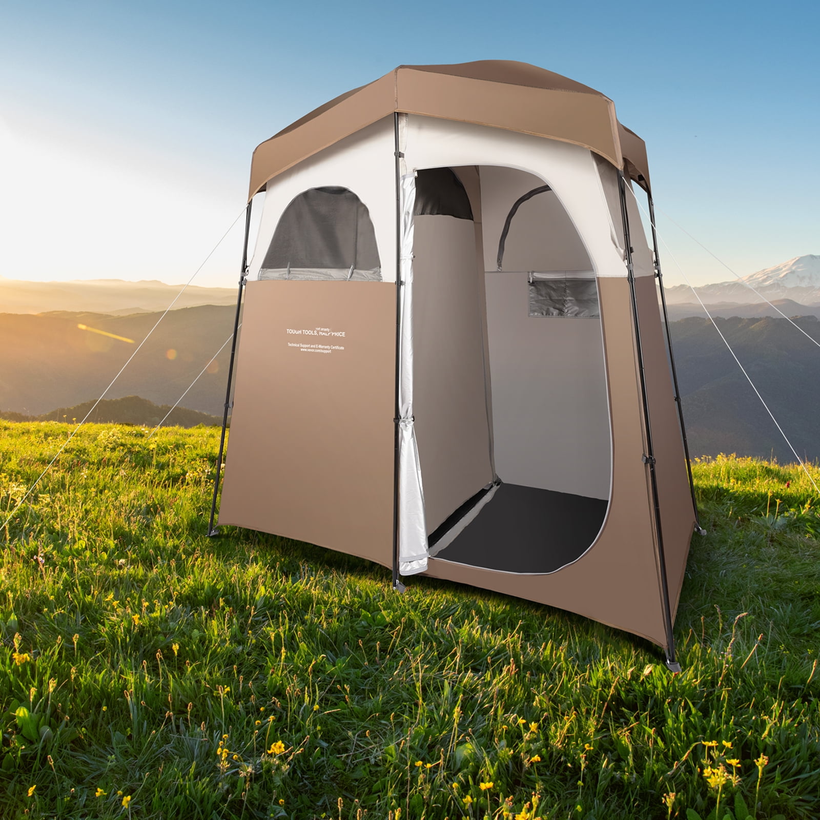 KFFKFF Camping Shower Tent, Outdoor Portable Shelter,2 Rooms Oversize Privacy Tent with Detachable Top, Pockets, Hanging Rope and Clothesline