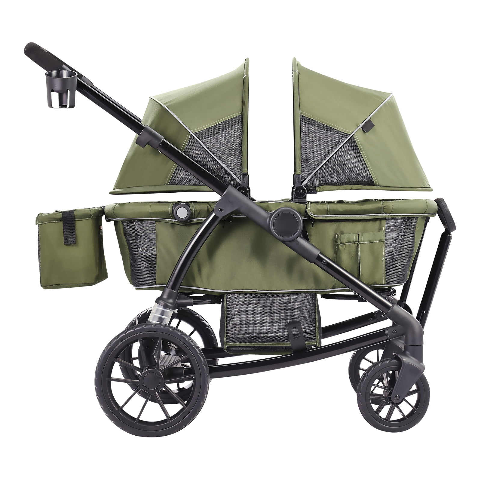 KFFKFF Off-Road Wagon-Stroller Hybrid, Dual-Seating, Easily Foldable for Travel, Comes with Shade Cover, Storage for Essentials, Beverage & Snack Tray, 55lbs Capacity per Seat, in Olive Green