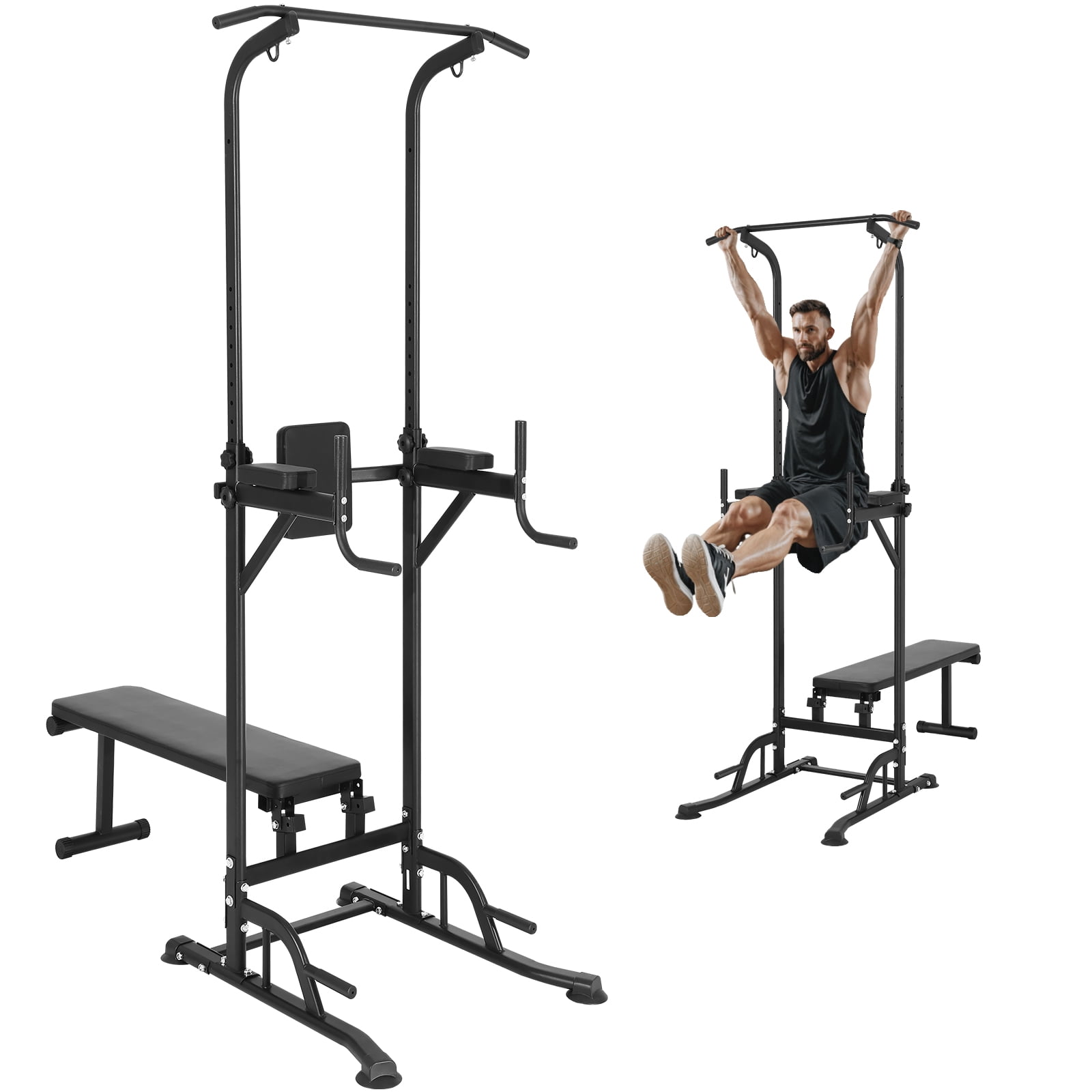 KFFKFF Power Tower 10-Level Pull Up Dip Station with Bench & Elbow Pads Height Adjustable, Home Gym Strength Training Fitness Equipment 440LBS