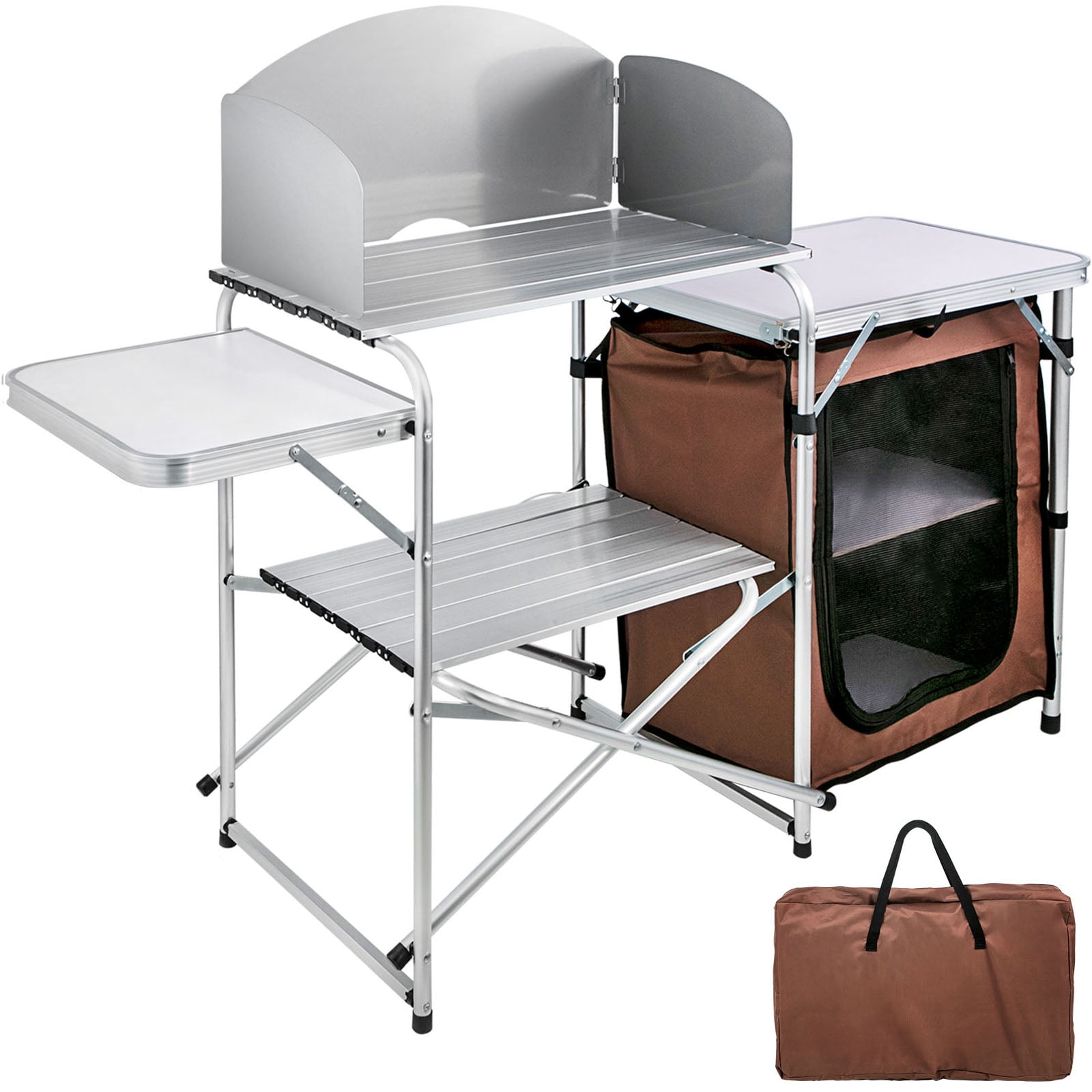 KFFKFF Portable Folding Cook Table for BBQ, Party, Camping, Brown Color, Outdoor Camp Table 2-Tier, Camping Kitchen Table with Zippered Bag