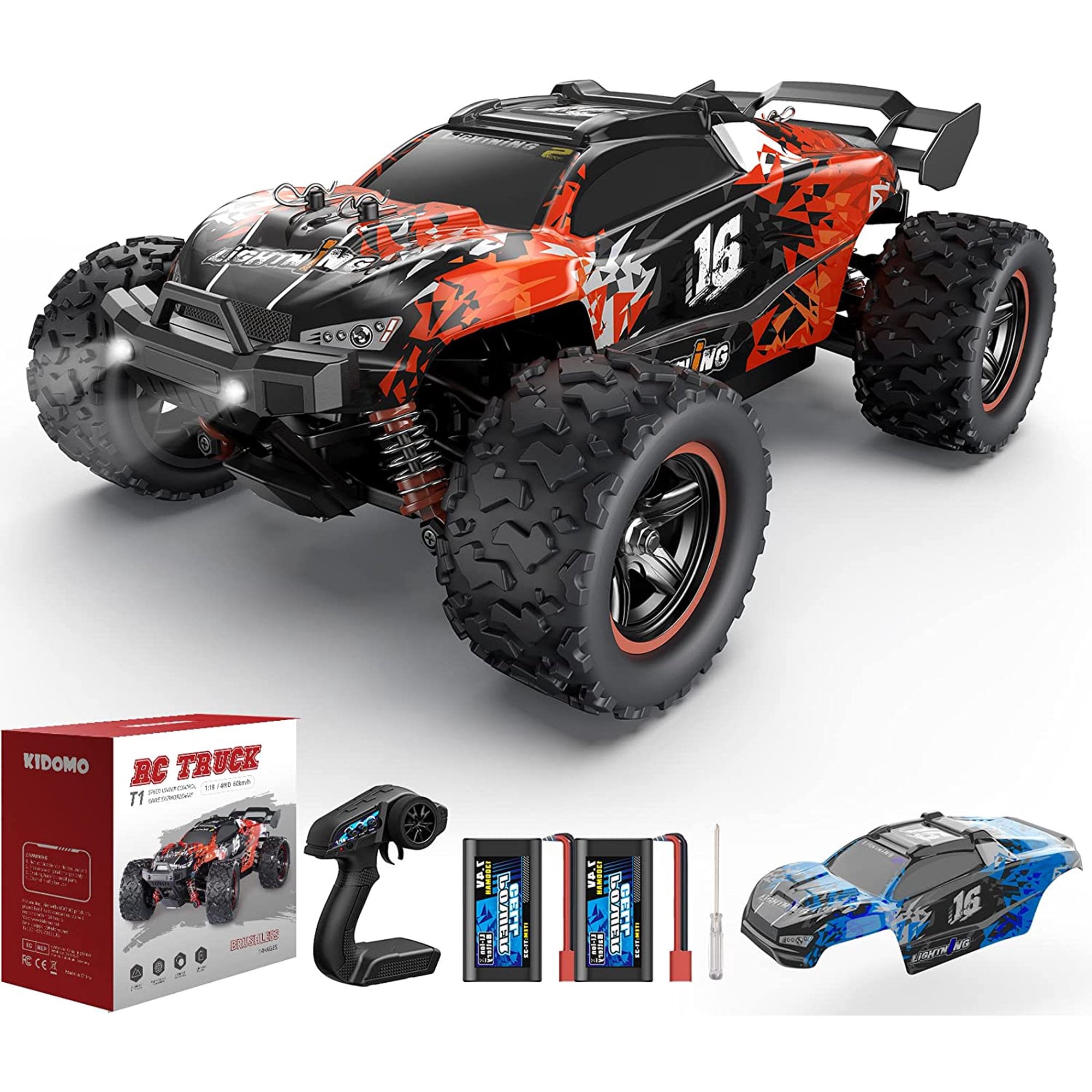 KIDOMO 1:18 Scale Brushless RC Car - 60KM/H All Terrain High-Speed & Off-Road Remote Control Car with 2 Rechargeable Batteries Hobby Monster Car 4WD RC Truck Gifts for Kids and Adults
