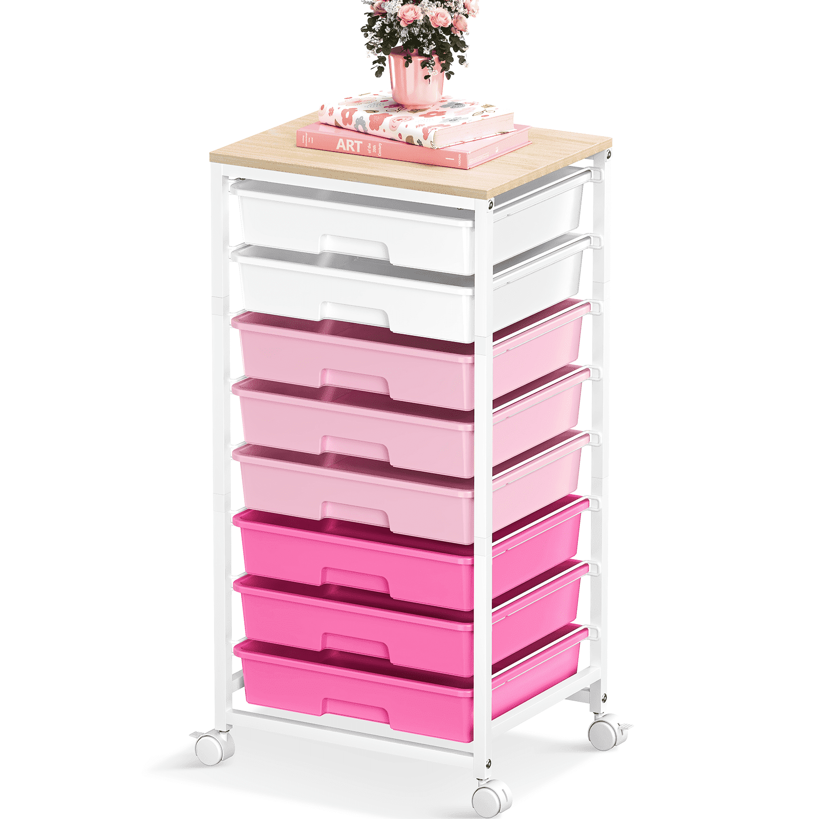 KK KINGRACK Storage Rolling Cart with 8 Drawers, Wooden Tabletop, Metal & Plastic, Pink
