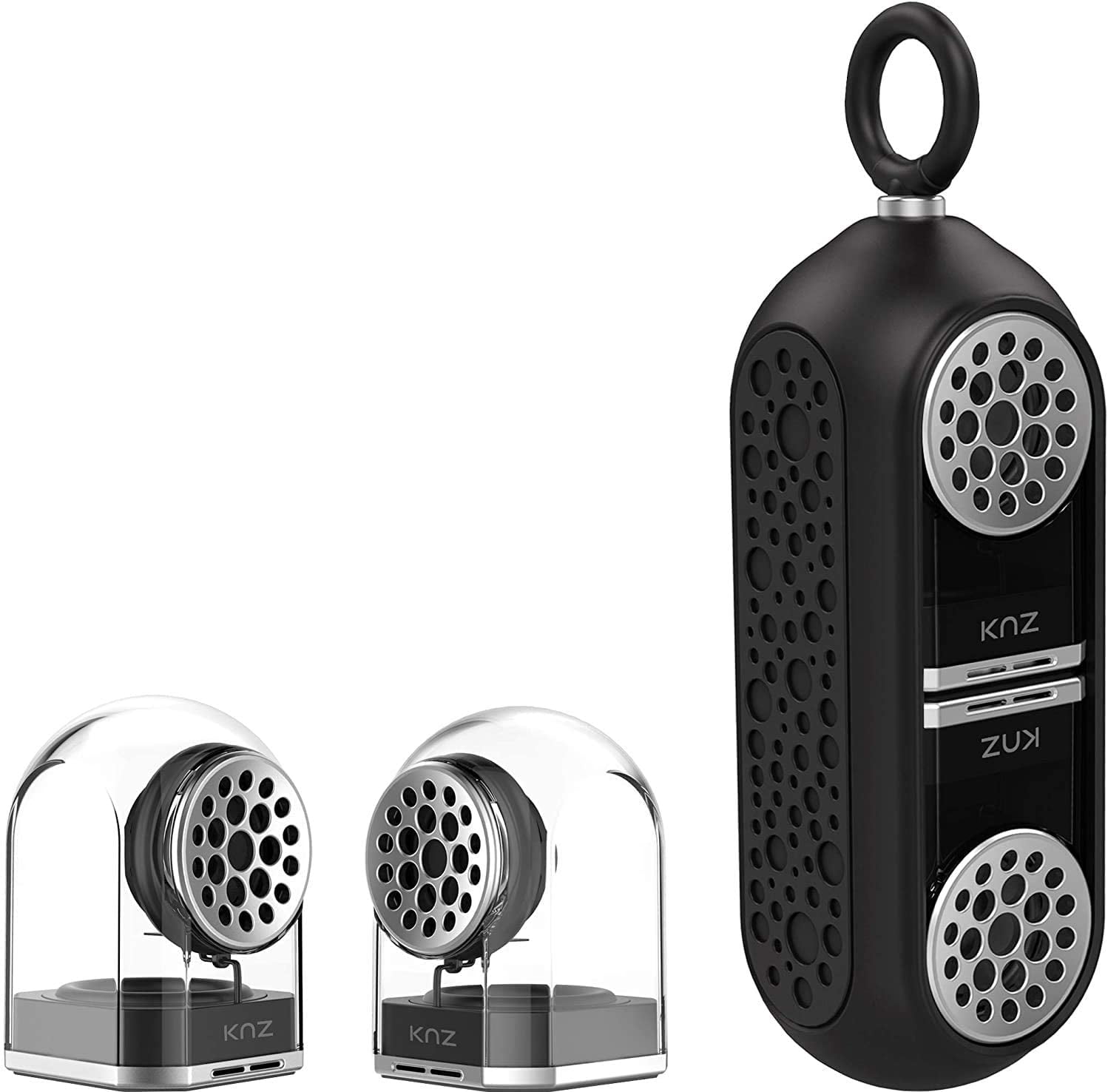 KNZ GoDuo Portable Bluetooth Speakers with Magnetic Connectable Base, L/R True Stereo Sound and Bass, Water and Shock Resistant, 18 hr playtime, Built-in Mic, Protective Carrying Case Included (Black) Clear with Black Case