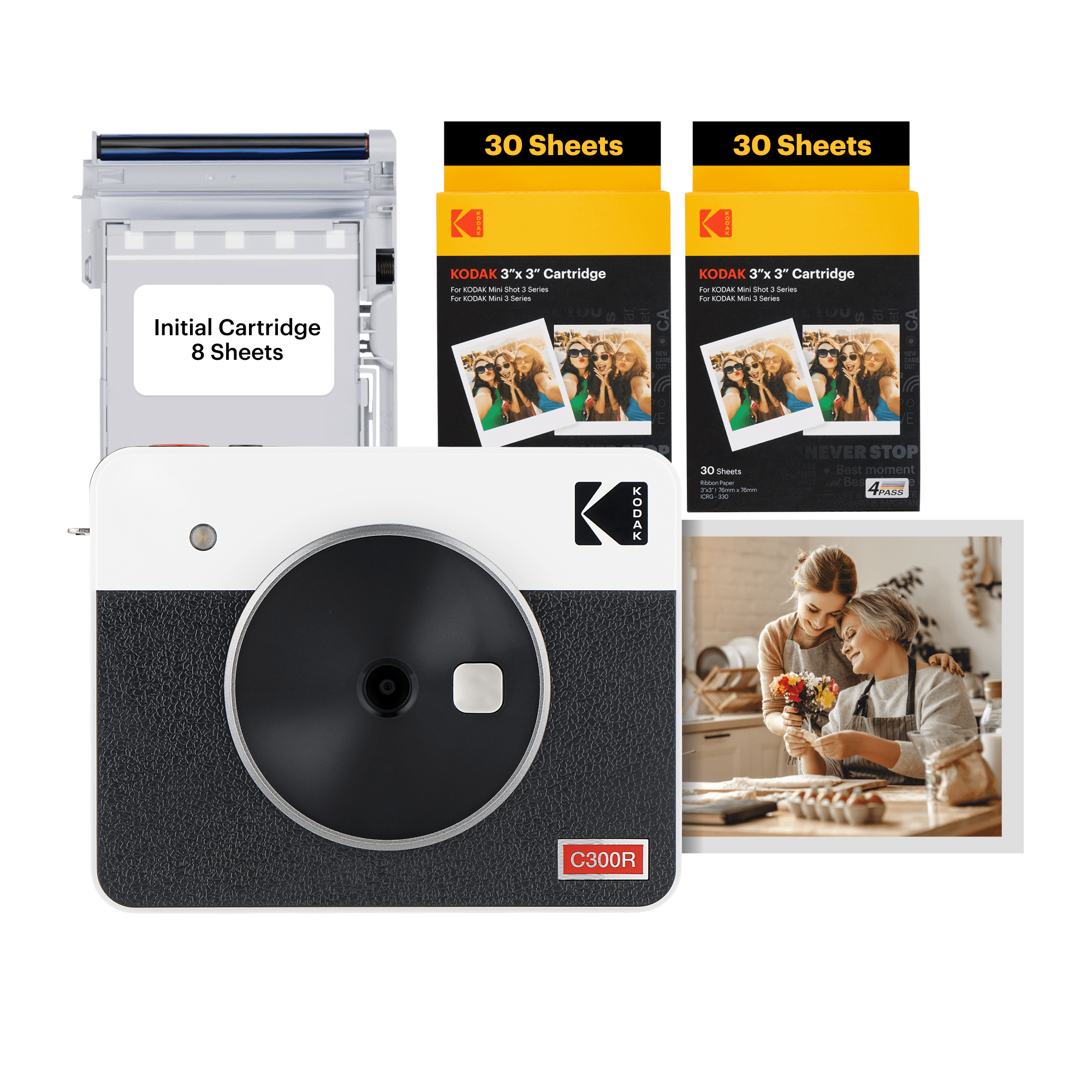 KODAK Mini Shot 3 Retro 4PASS 2-in-1 Instant Camera and Photo Printer (3x3 inches) + 68 Sheets Bundle, White