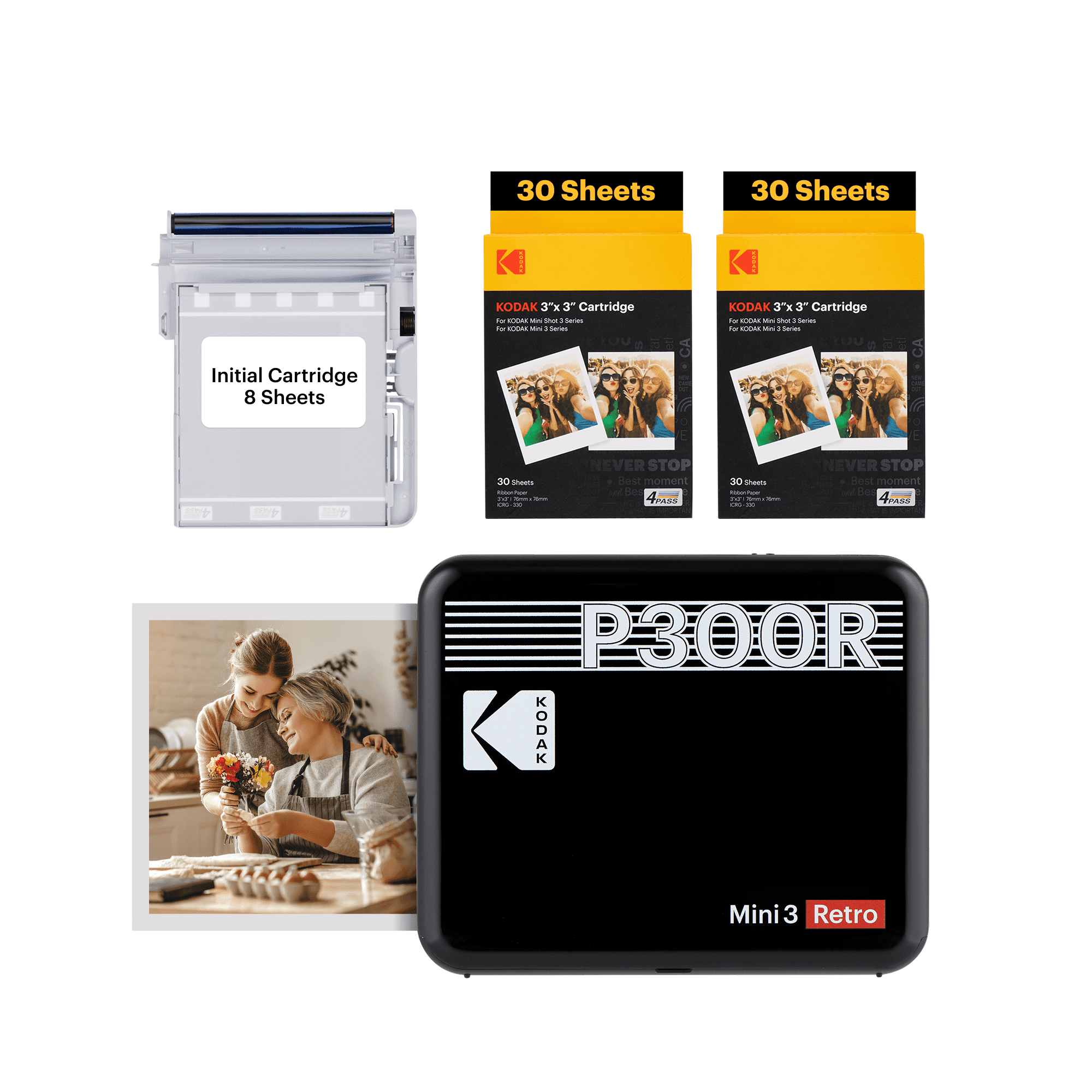 KODAK Mini 3 Retro Instant Portable Photo Printer (3x3 inches) + 68 Sheets Bundle, Black
